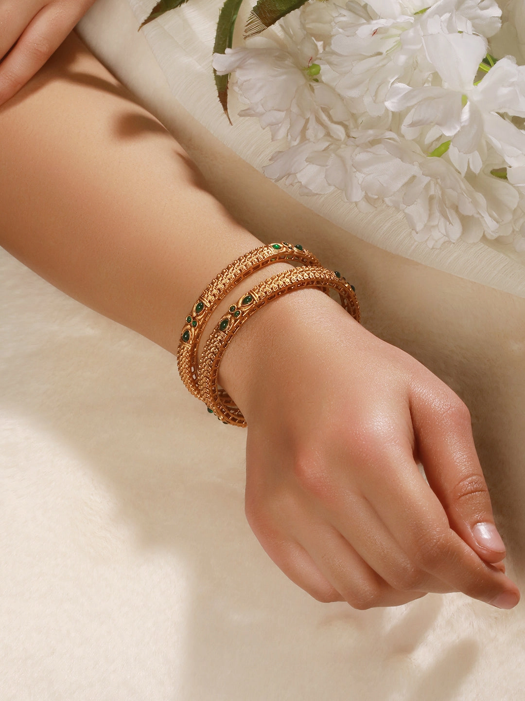 Jazz And Sizzle Set Of 2 Gold-Plated Red Pearl Beaded Handcrafted Bangles