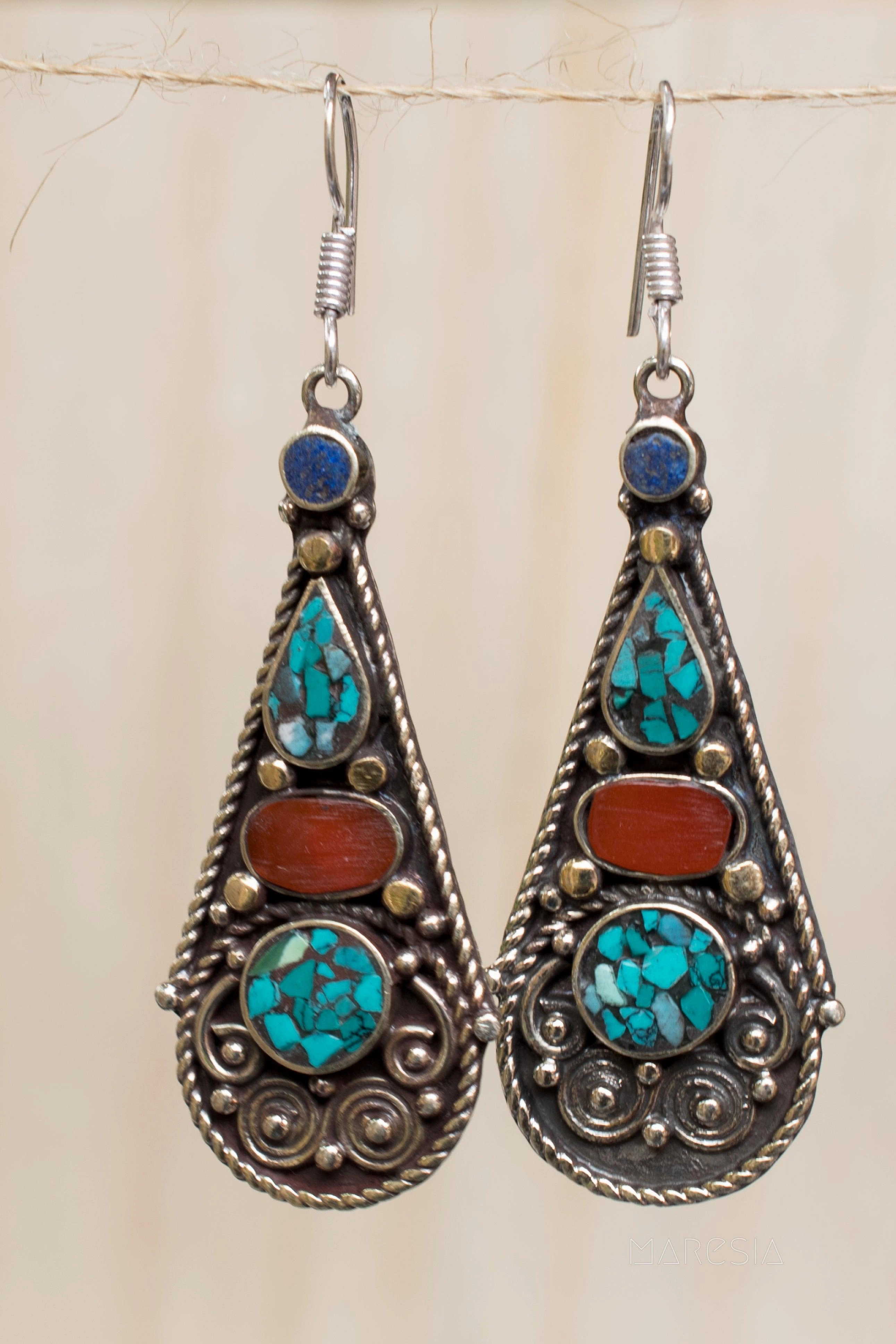 Jeanne Turquoise Tibetan Earrings ~German Silver ~ SME069