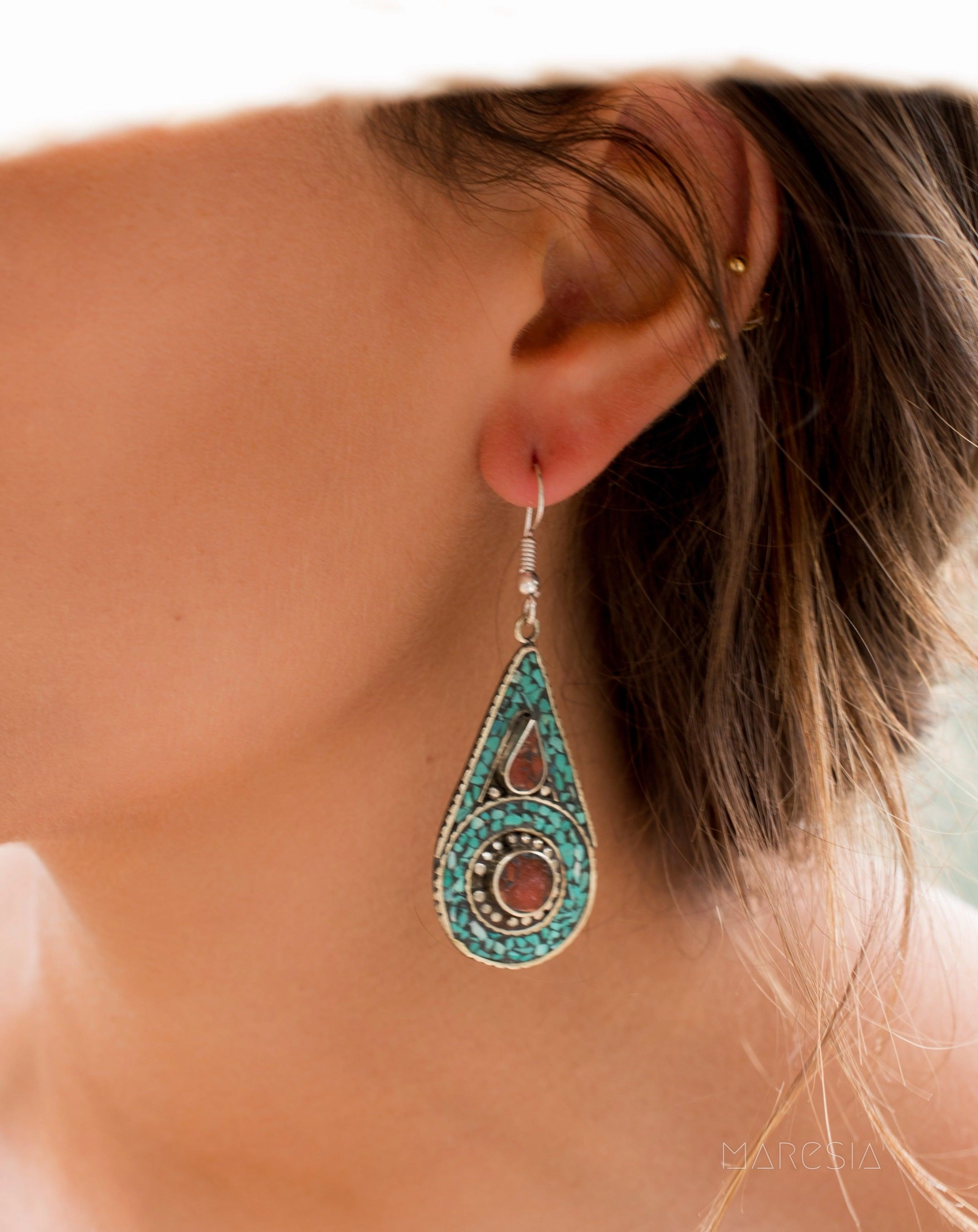 Joyse Turquoise Tibetan Earrings ~German Silver ~ SME067