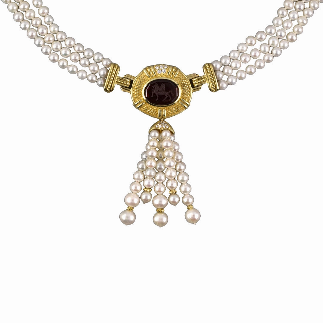 Judith Ripka Garnet Intaglio 3-Strand Pearl Necklace