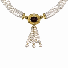 Judith Ripka Garnet Intaglio 3-Strand Pearl Necklace