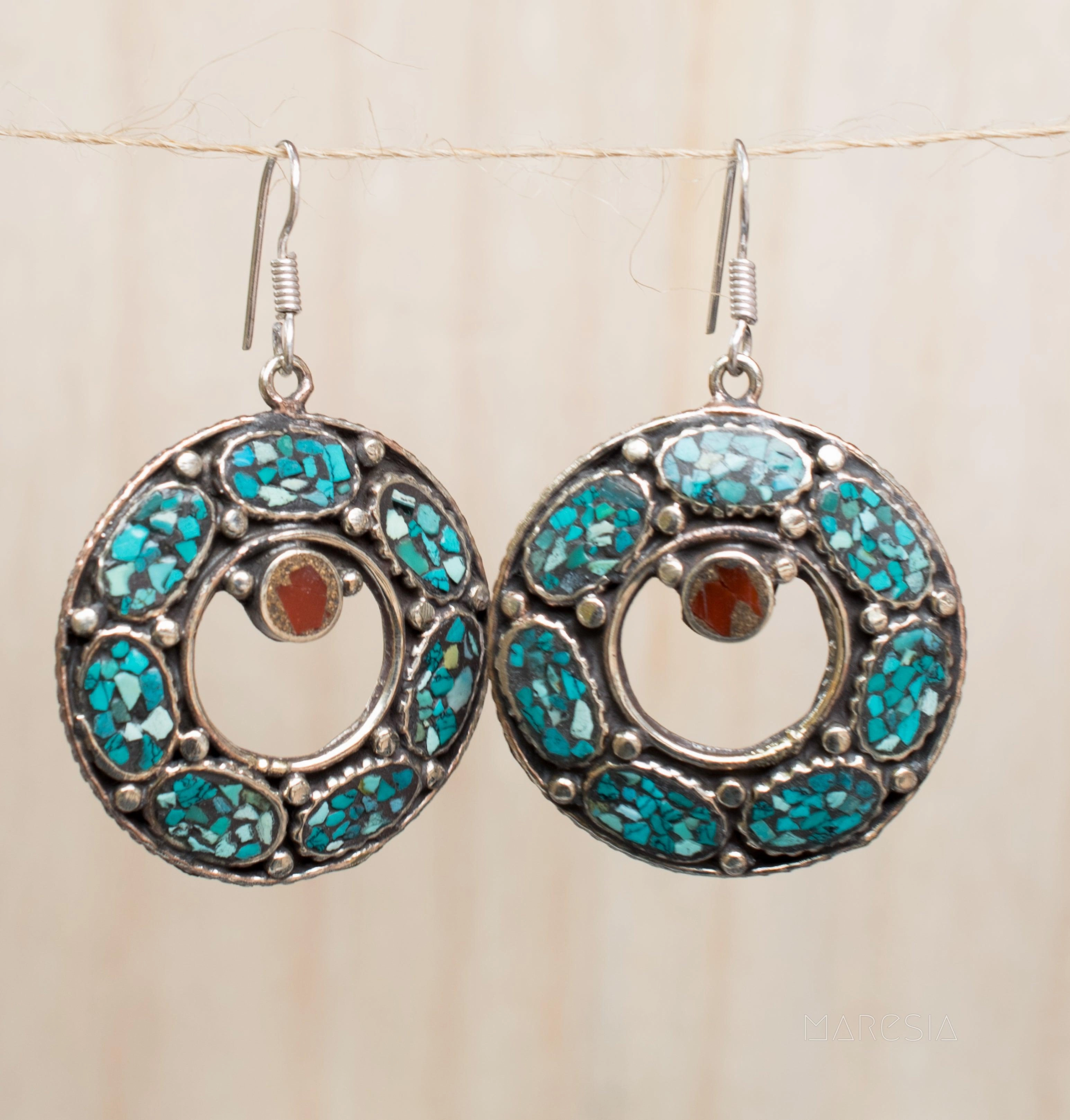 Karen Turquoise Tibetan Earrings ~German Silver ~ SME059A