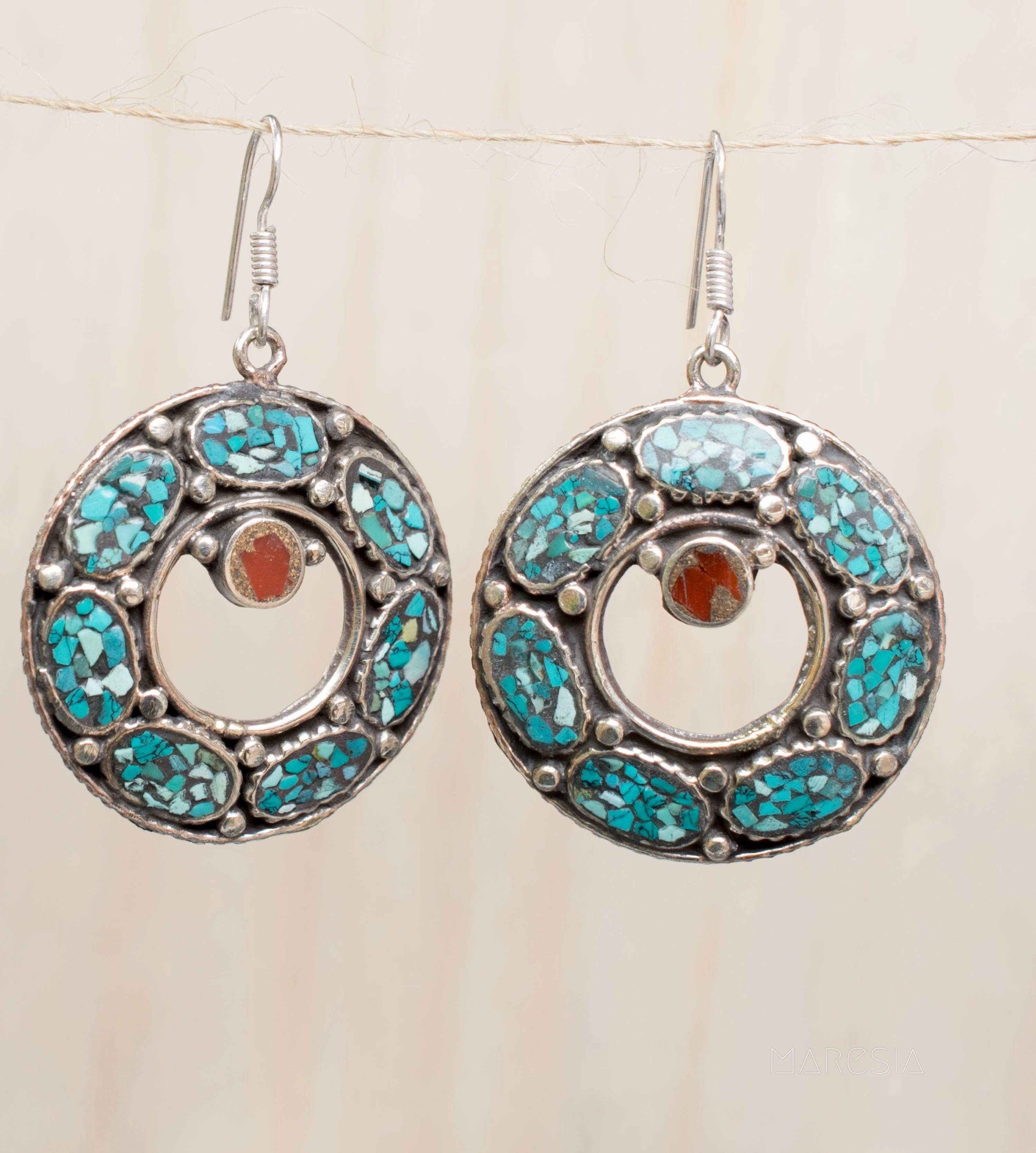 Karen Turquoise Tibetan Earrings ~German Silver ~ SME059A