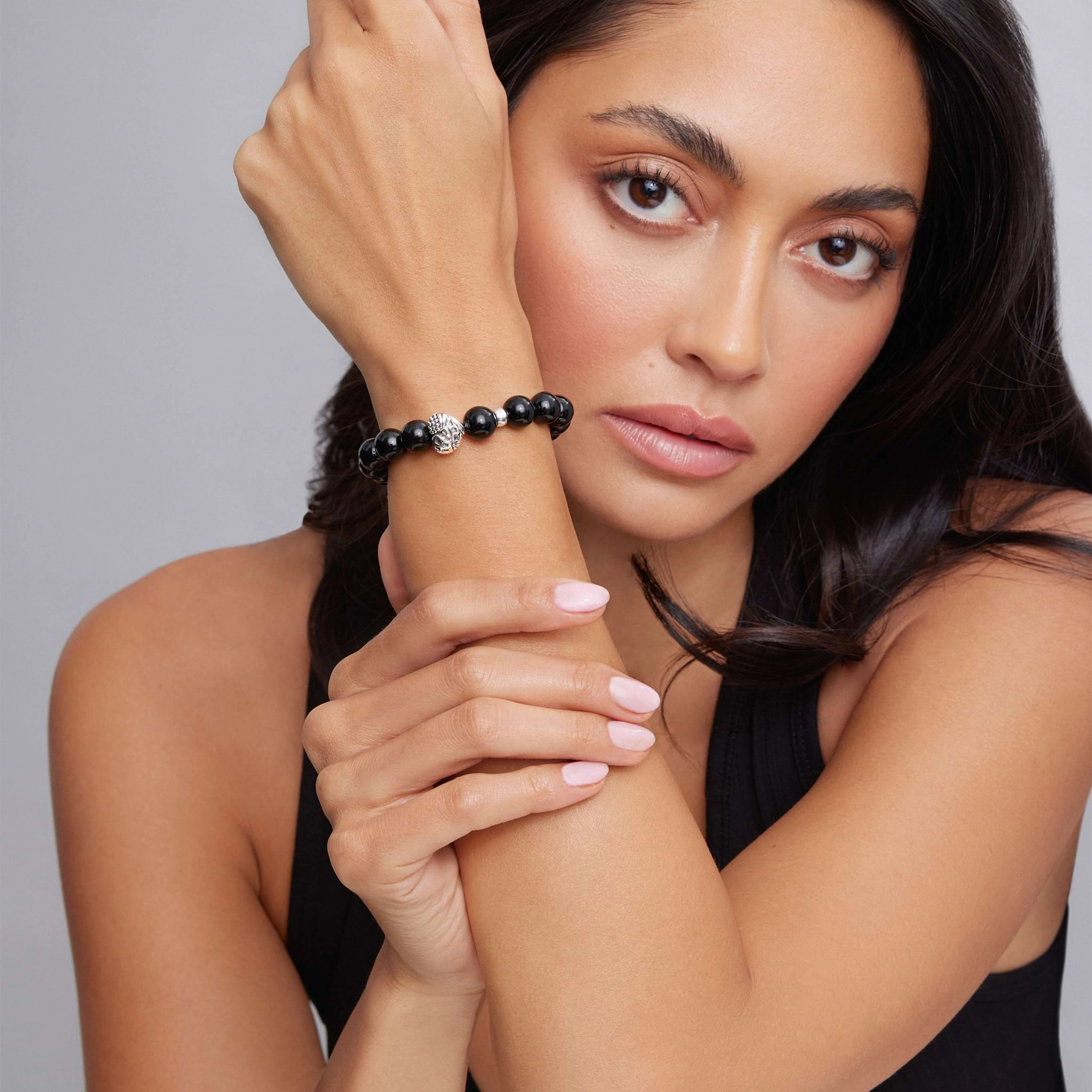 Keep Memory Alive Black Agate Silver Station Bead Bracelet