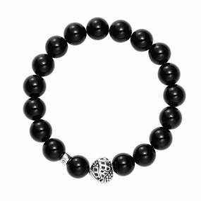 Keep Memory Alive Black Agate Silver Station Bead Bracelet