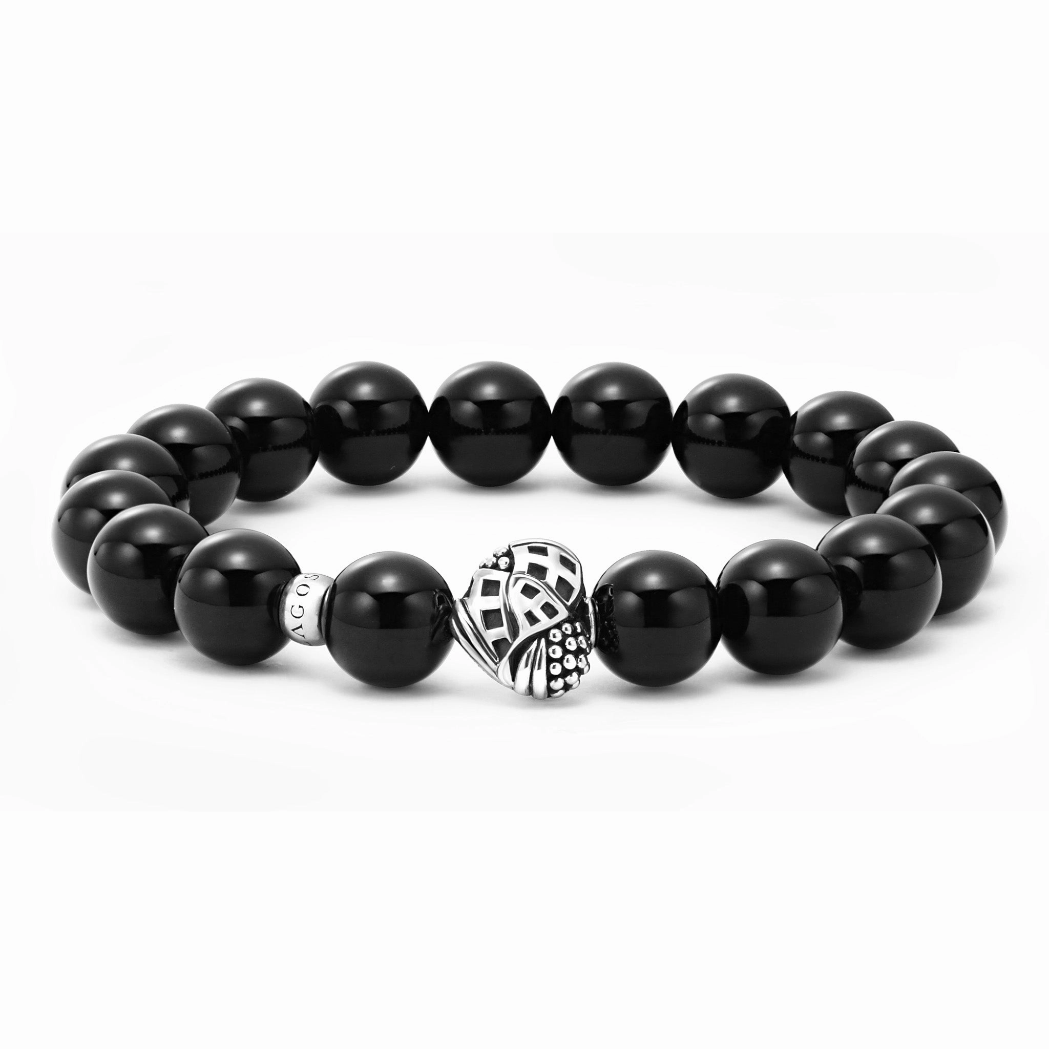 Keep Memory Alive Black Agate Silver Station Bead Bracelet