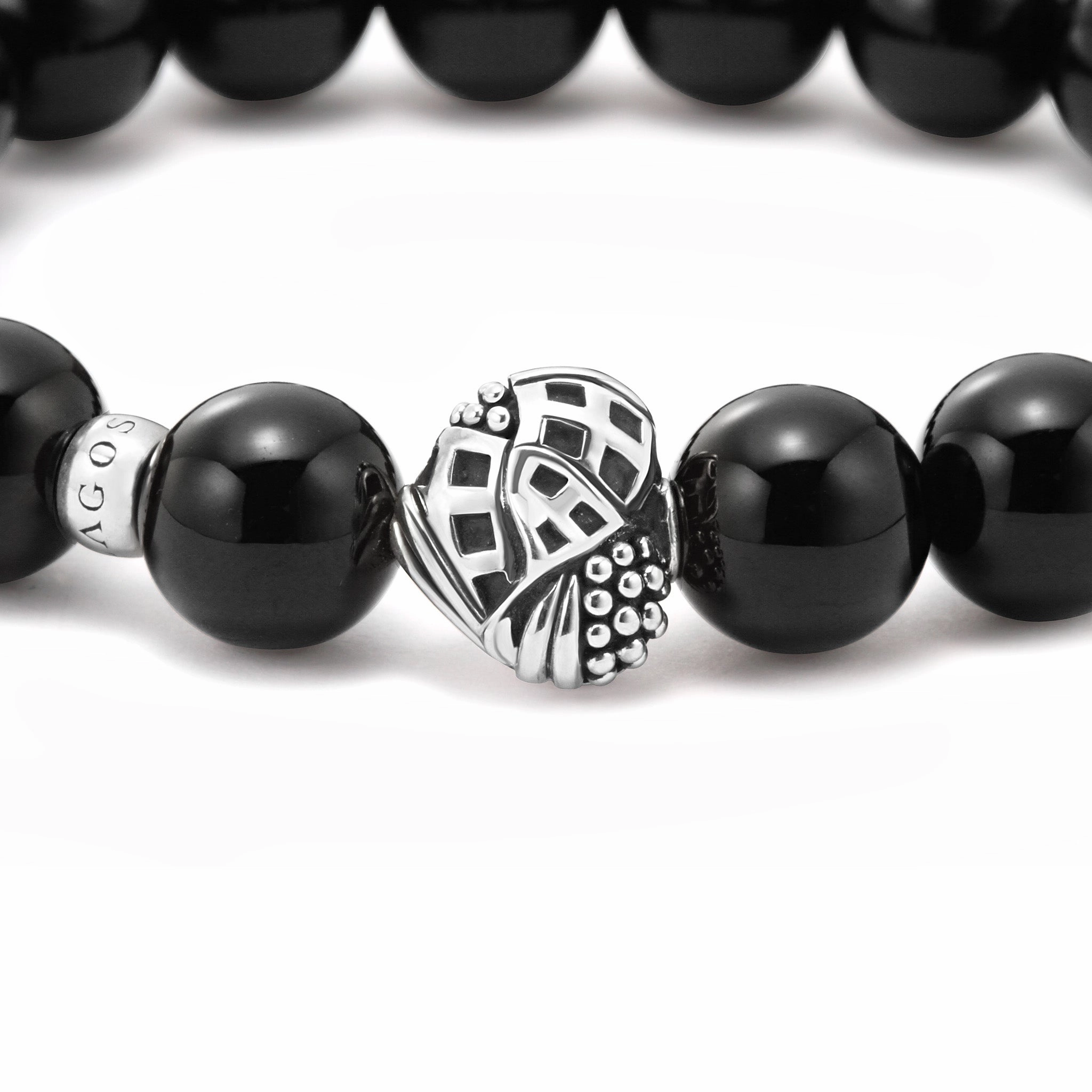 Keep Memory Alive Black Agate Silver Station Bead Bracelet