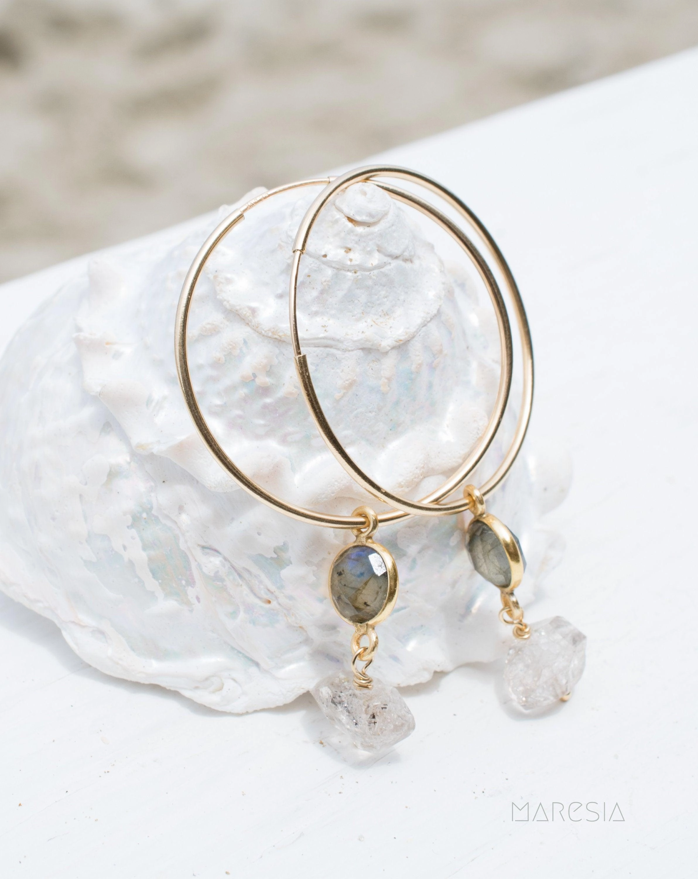 Labradorite &  Herkimer Diamond Gold Hoop Earrings ~ 14k Gold Filled or Sterling Silver