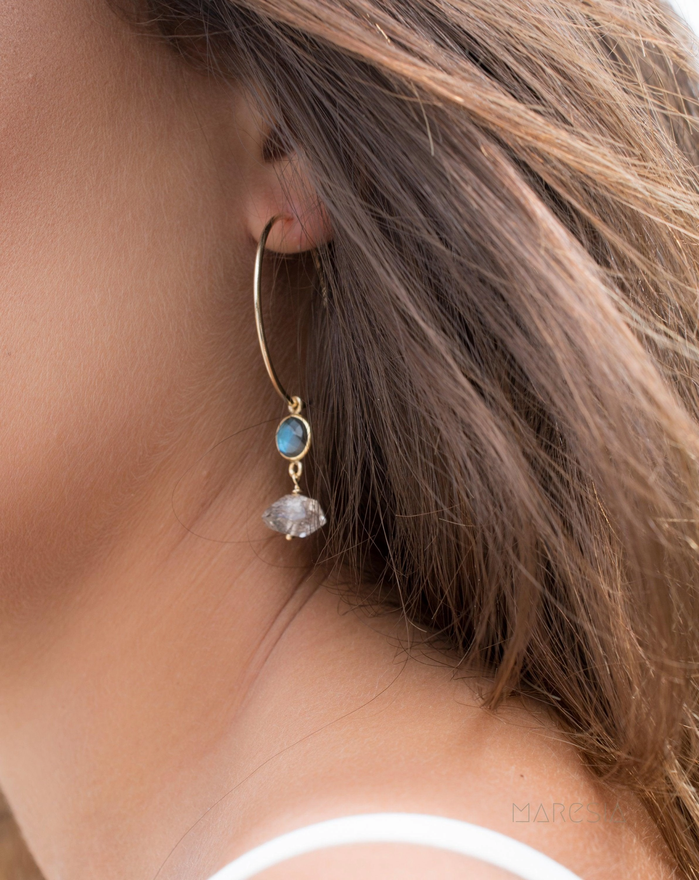 Labradorite &  Herkimer Diamond Gold Hoop Earrings ~ 14k Gold Filled or Sterling Silver