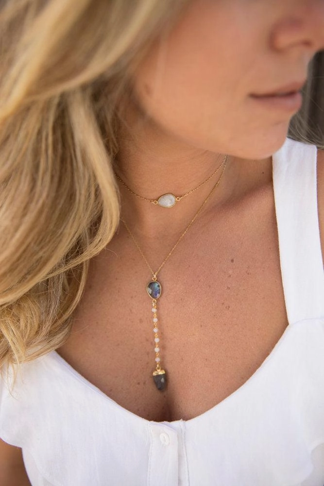 Labradorite & Moonstone Y Necklace ~ Gold Vermeil ~ MN038