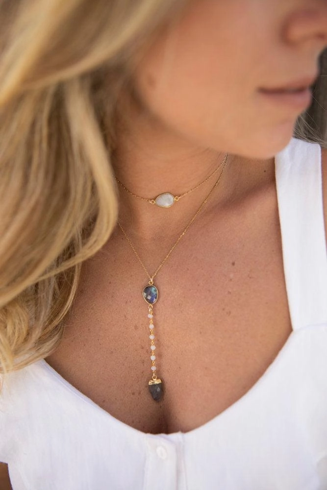 Labradorite & Moonstone Y Necklace ~ Gold Vermeil ~ MN038