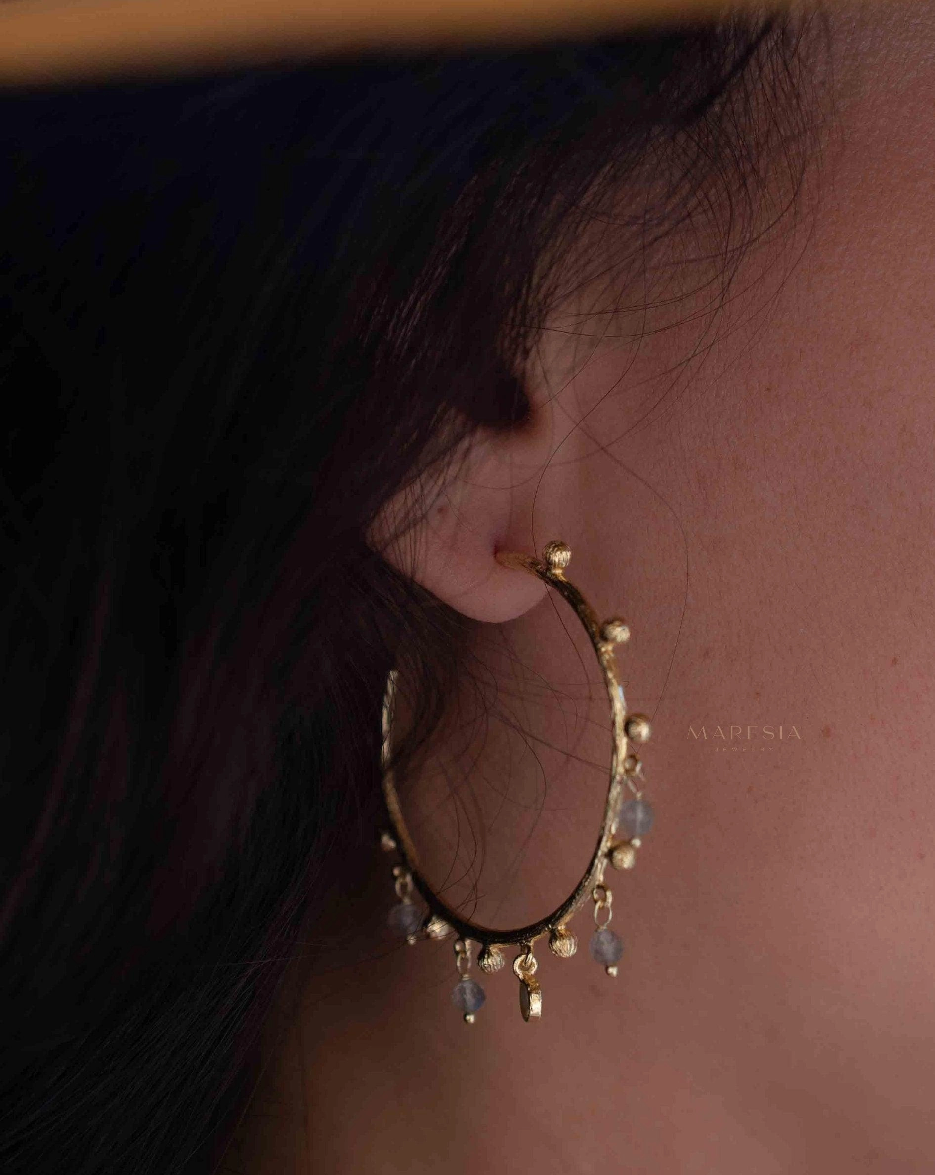Labradorite Hoop Earrings ~ 18k Gold Plated ~ Gemstone ~ ME212