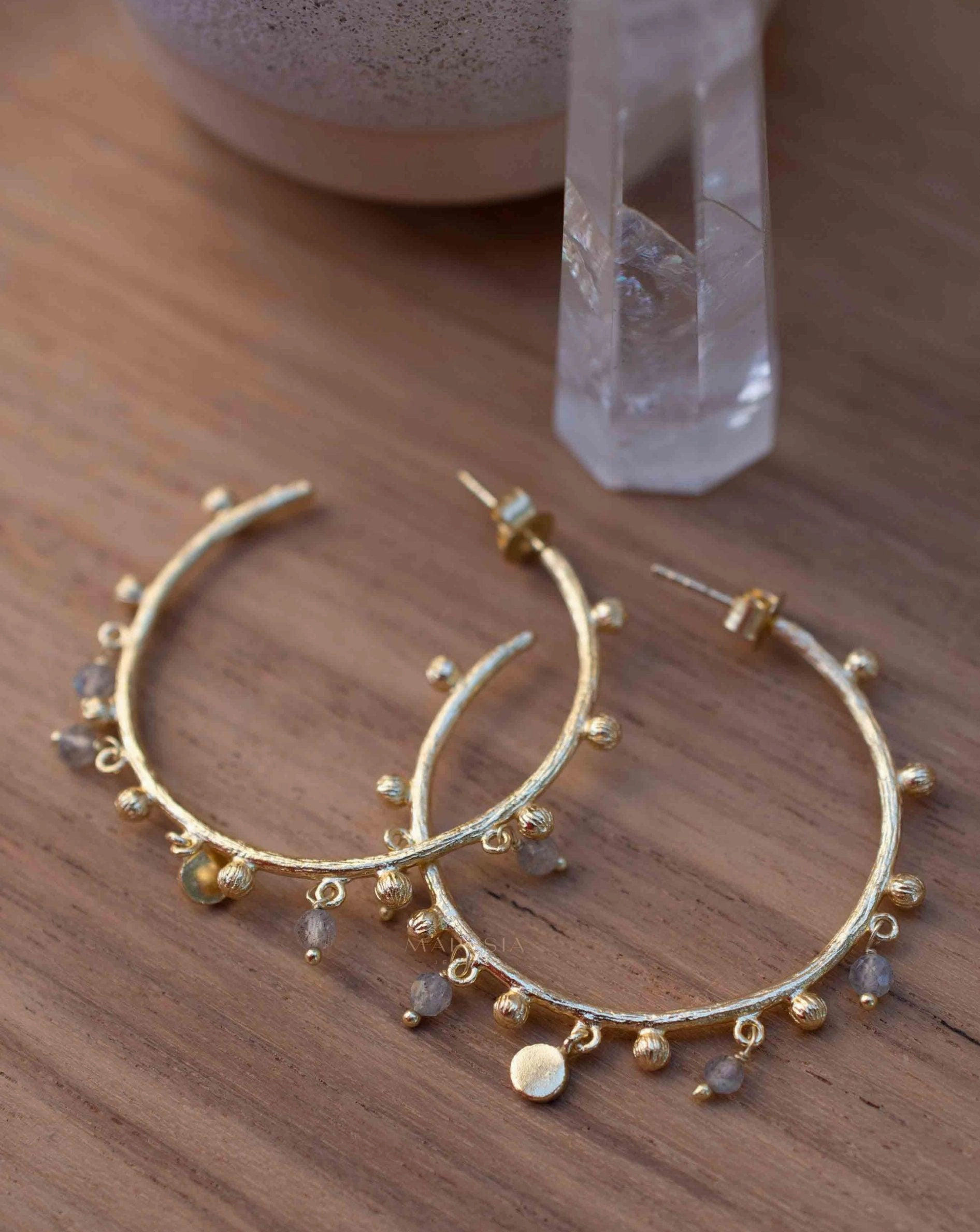 Labradorite Hoop Earrings ~ 18k Gold Plated ~ Gemstone ~ ME212