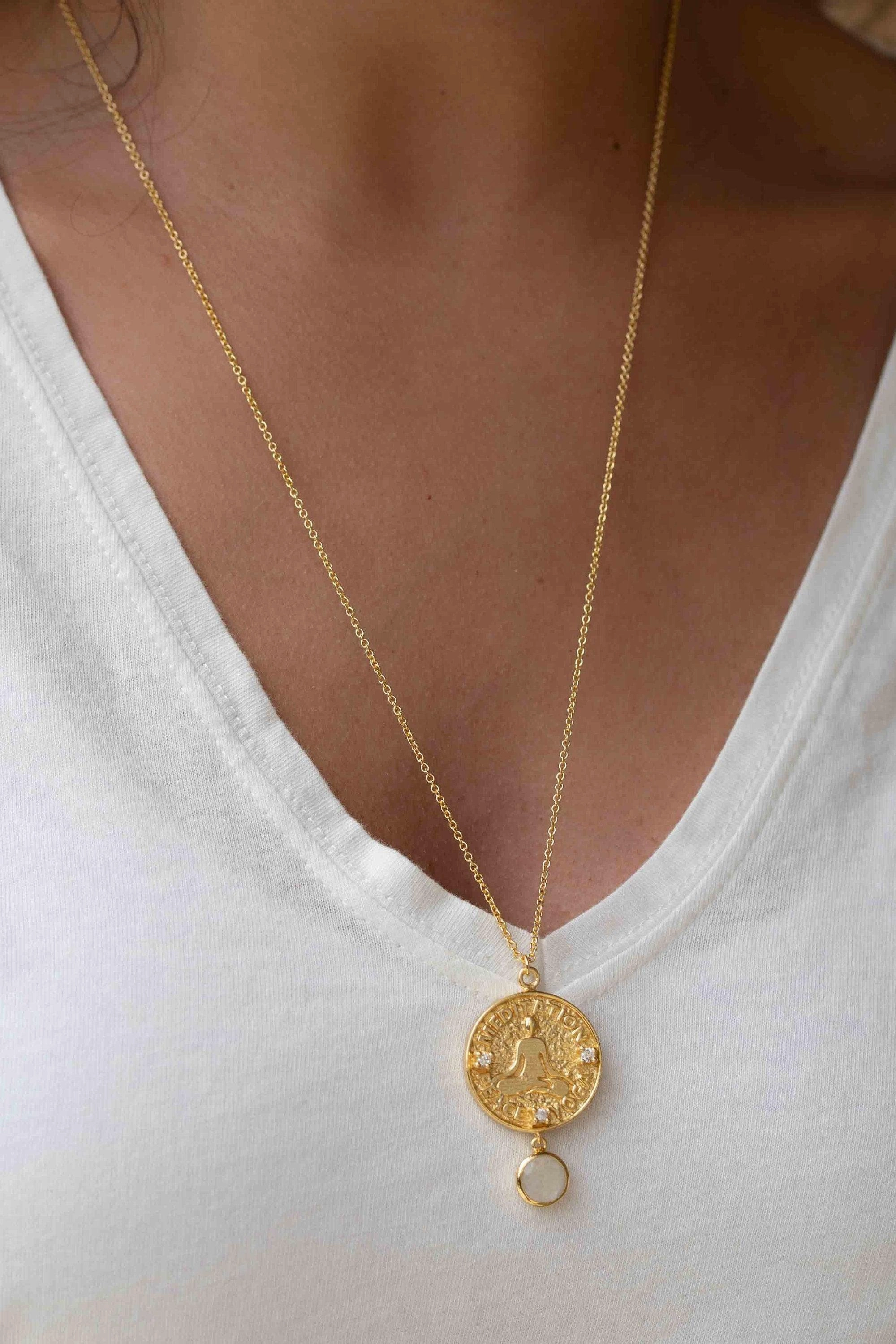 Labradorite, Moonstone or Aqua Chalcedony ~ Meditation Peace Yoga Necklace ~ Gold plated 18k ~ Cubic zirconia ~ MN119