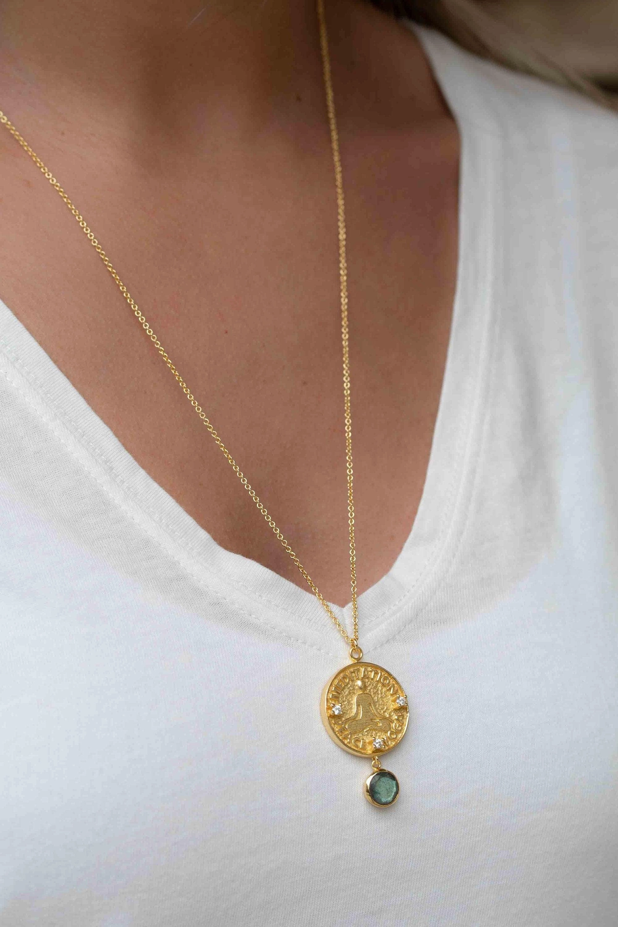 Labradorite, Moonstone or Aqua Chalcedony ~ Meditation Peace Yoga Necklace ~ Gold plated 18k ~ Cubic zirconia ~ MN119