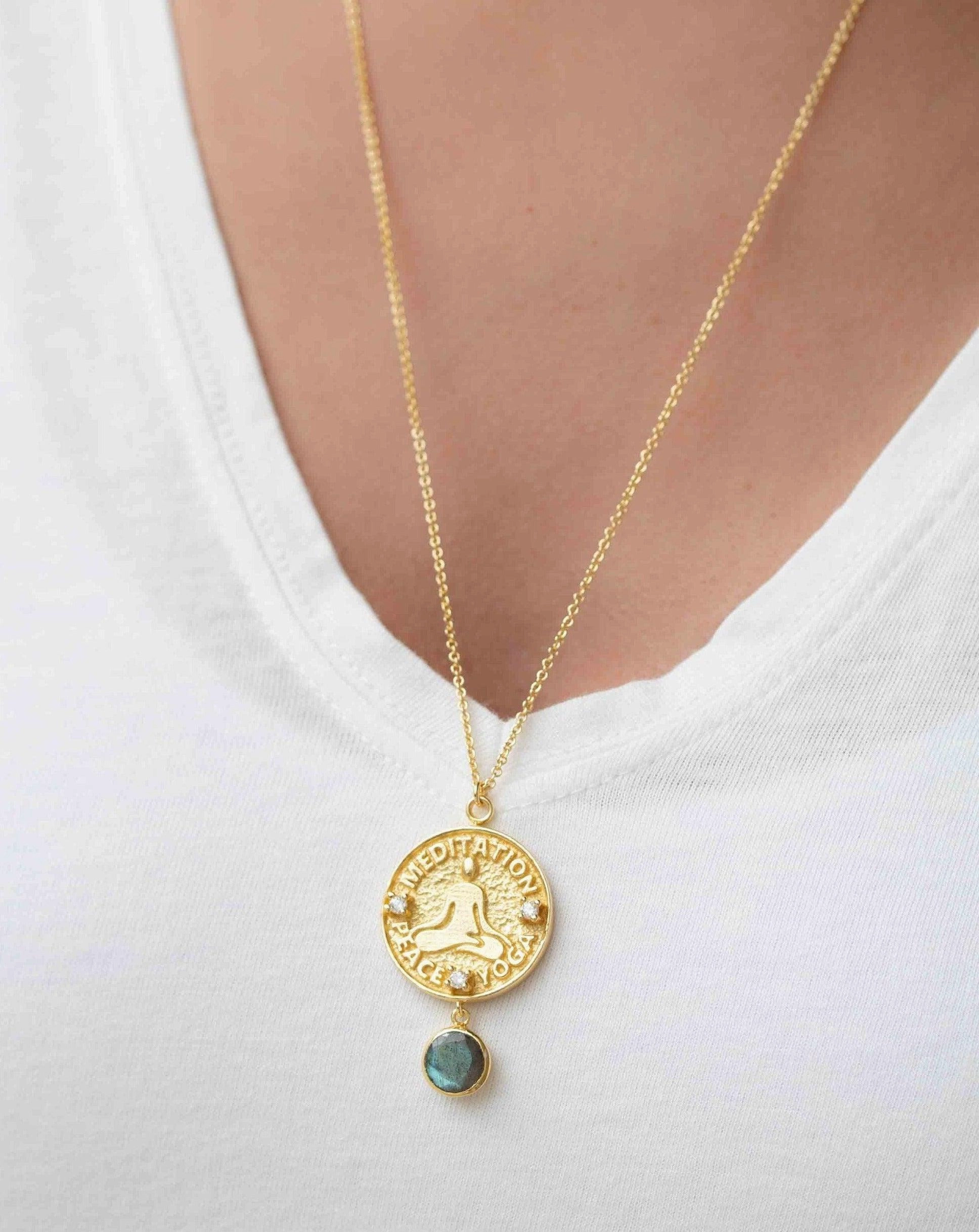 Labradorite, Moonstone or Aqua Chalcedony ~ Meditation Peace Yoga Necklace ~ Gold plated 18k ~ Cubic zirconia ~ MN119