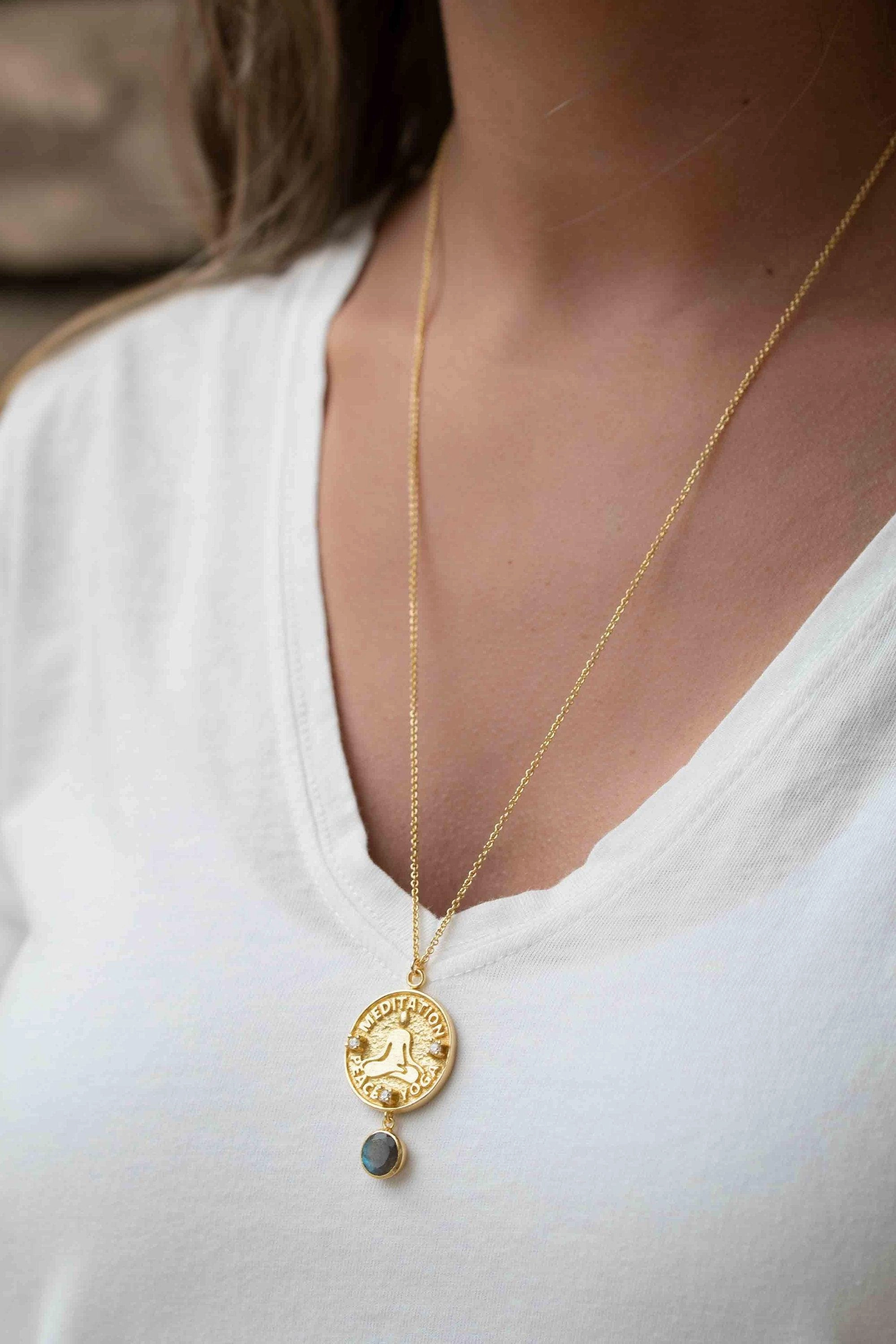Labradorite, Moonstone or Aqua Chalcedony ~ Meditation Peace Yoga Necklace ~ Gold plated 18k ~ Cubic zirconia ~ MN119