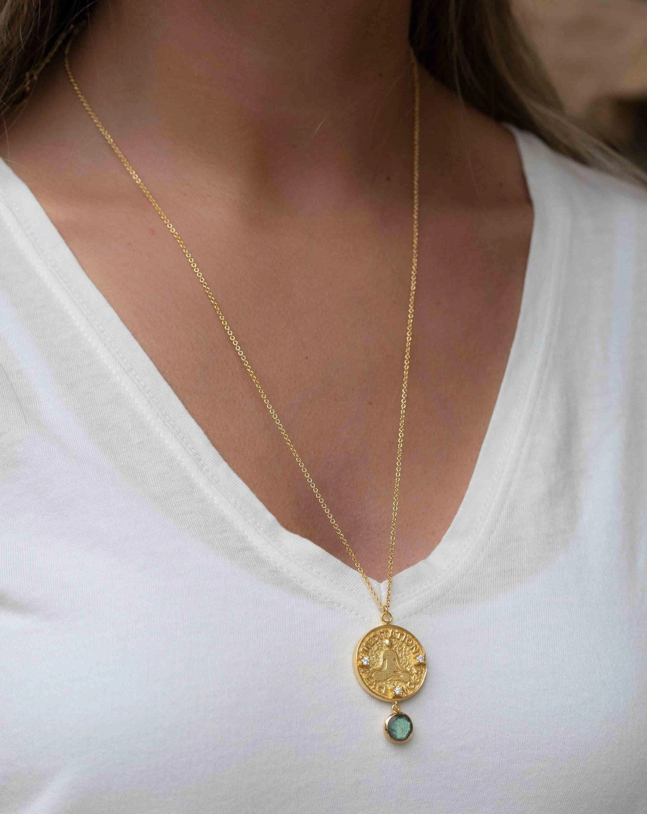 Labradorite, Moonstone or Aqua Chalcedony ~ Meditation Peace Yoga Necklace ~ Gold plated 18k ~ Cubic zirconia ~ MN119