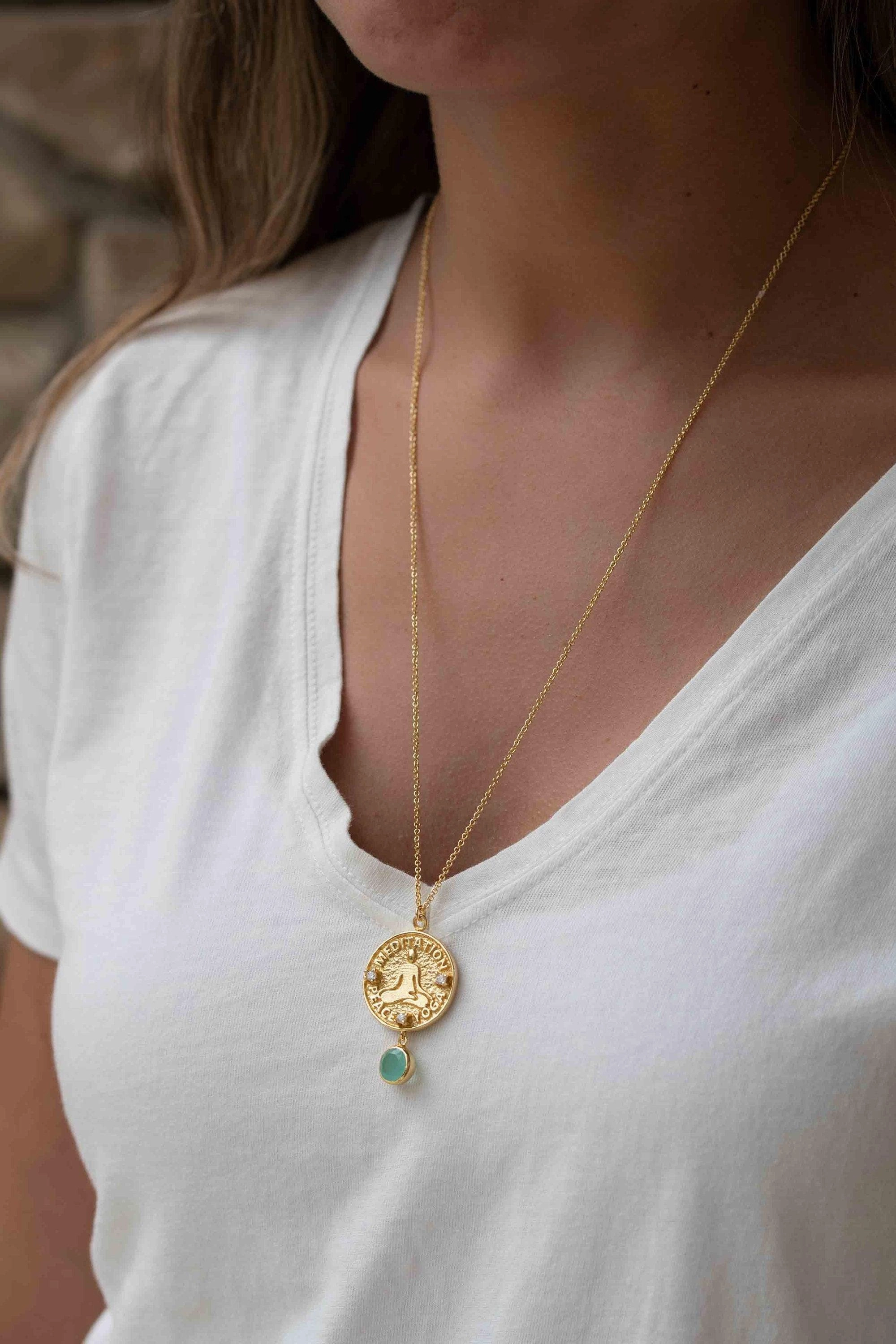 Labradorite, Moonstone or Aqua Chalcedony ~ Meditation Peace Yoga Necklace ~ Gold plated 18k ~ Cubic zirconia ~ MN119