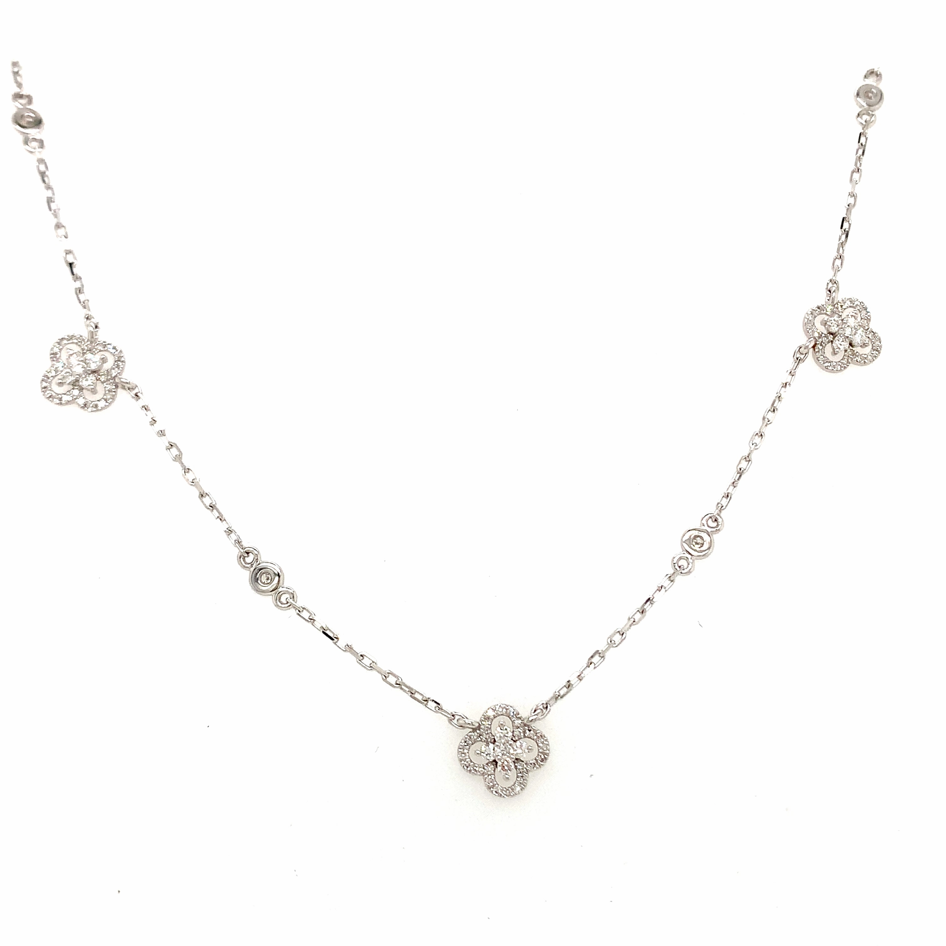 Lady's White Gold and Diamond Clover Station Necklace