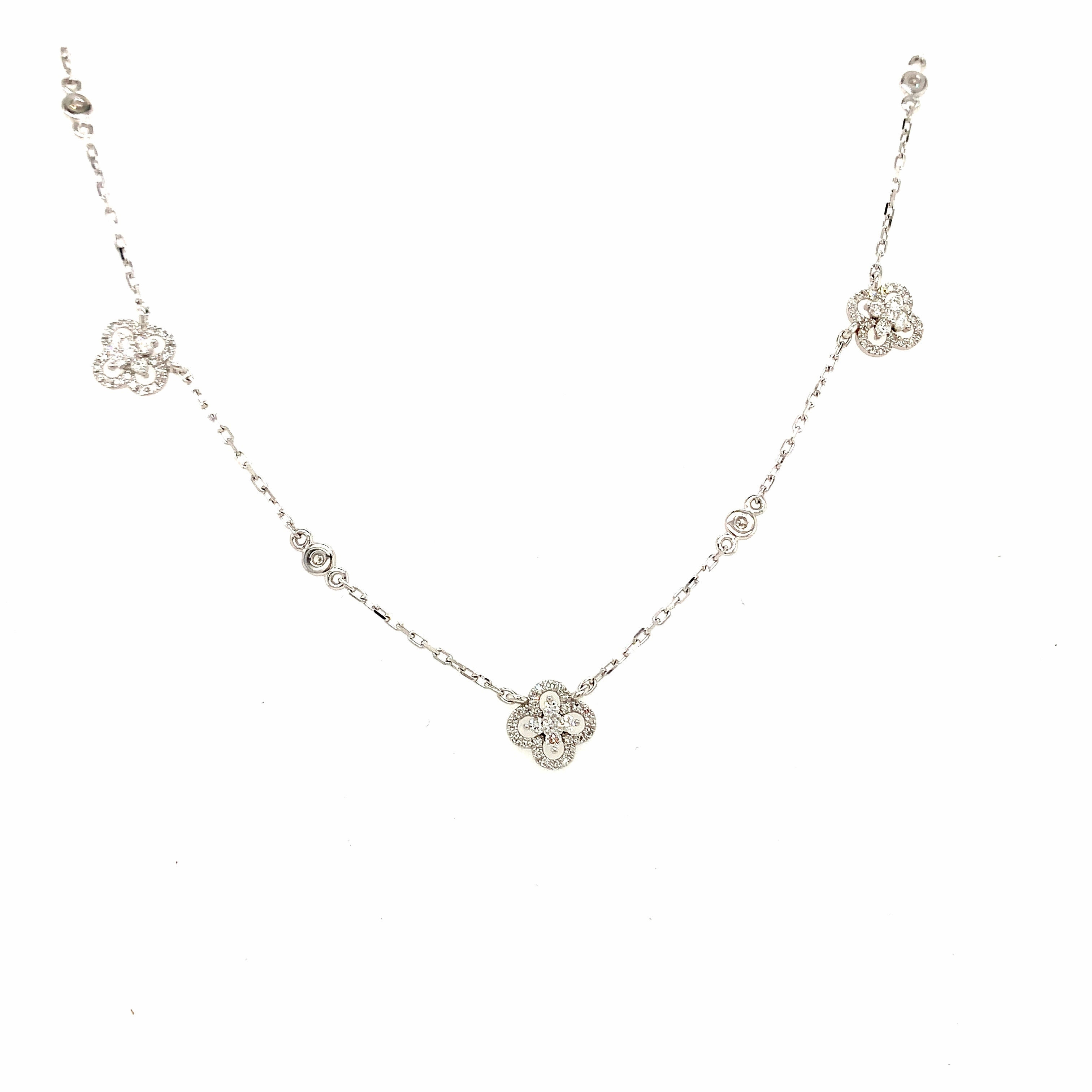 Lady's White Gold and Diamond Clover Station Necklace