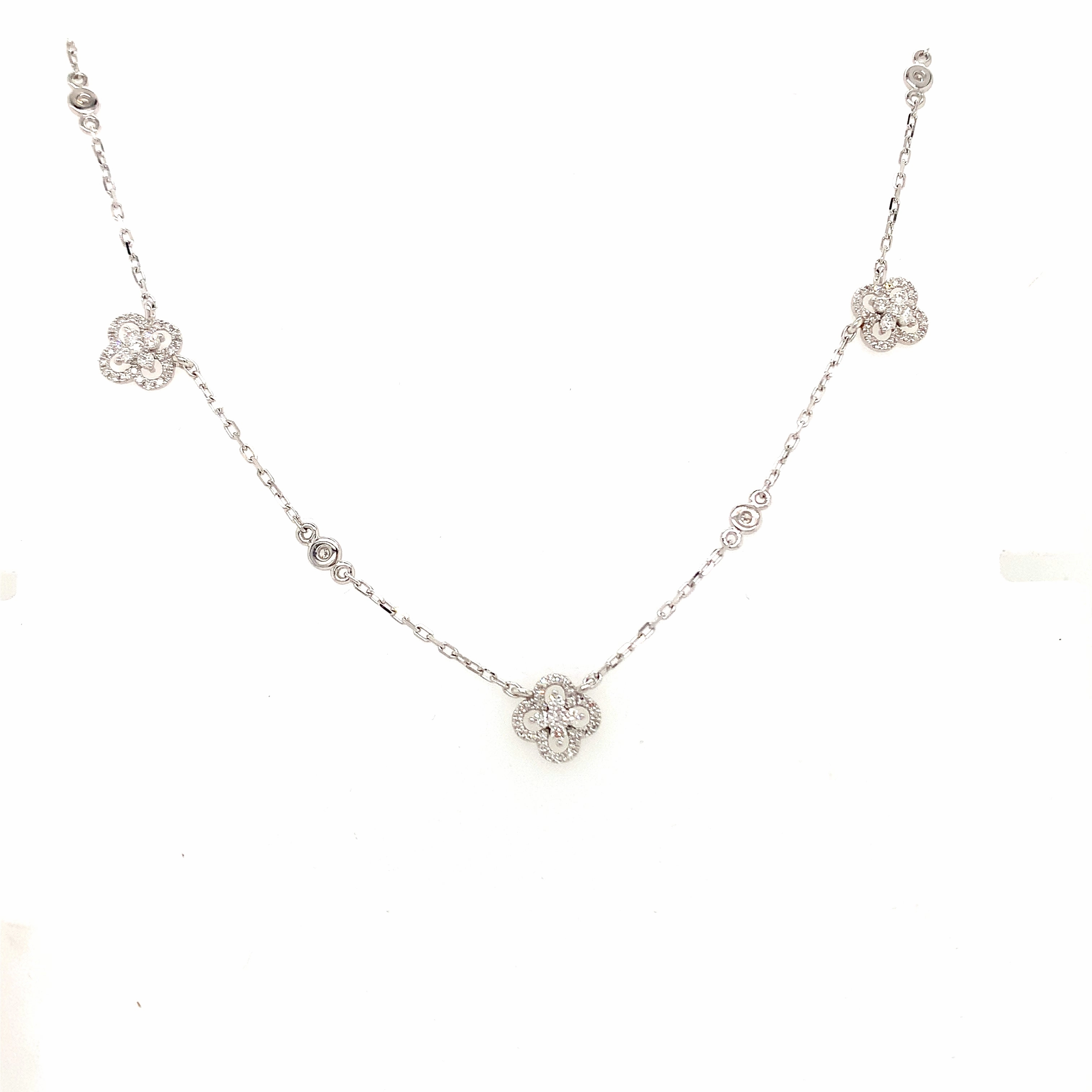 Lady's White Gold and Diamond Clover Station Necklace