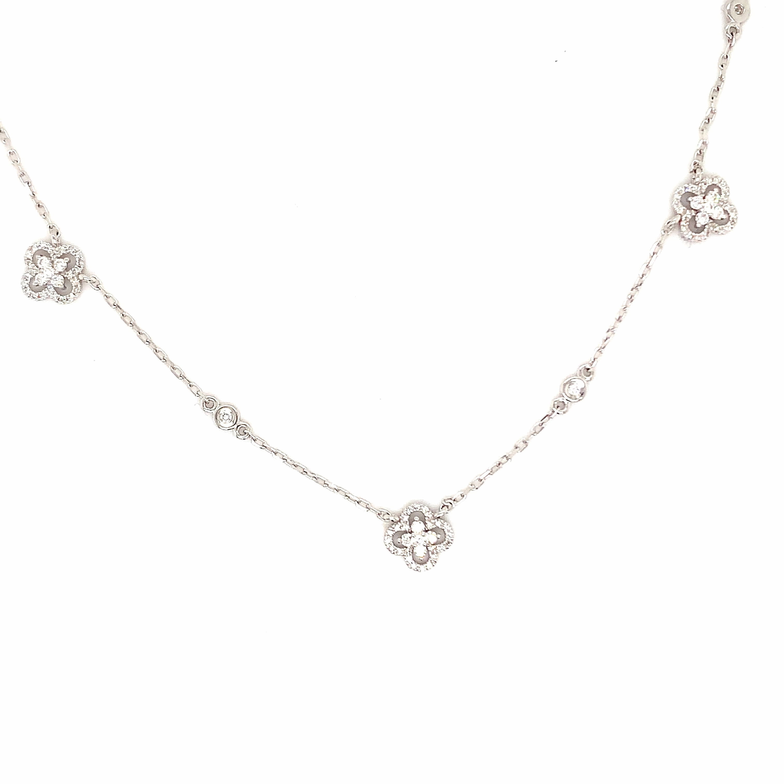 Lady's White Gold and Diamond Clover Station Necklace