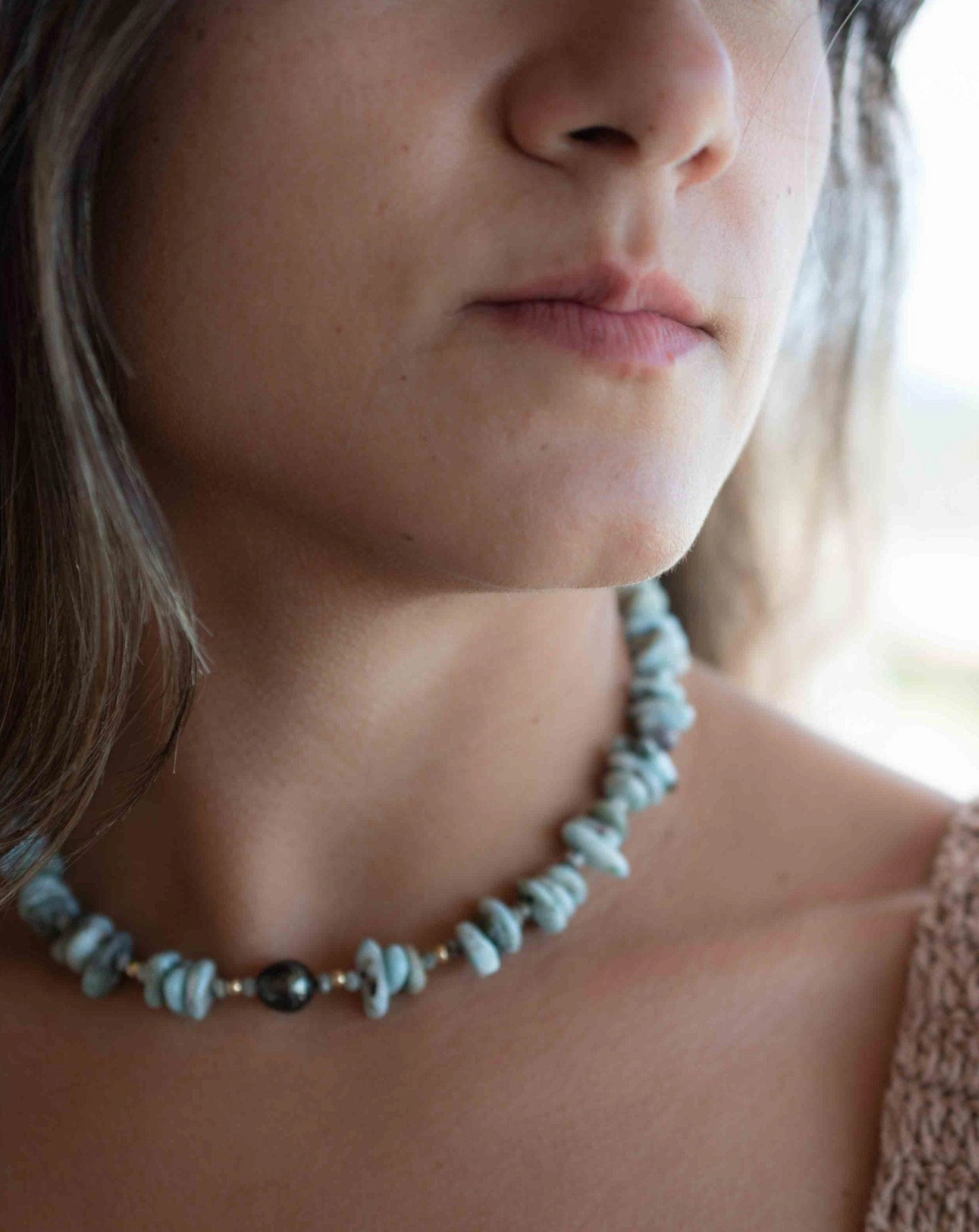 Larimar & Tahitian Pearl Choker ~ Sterling Silver 925 or Gold Filled~ Choker ~ MN065