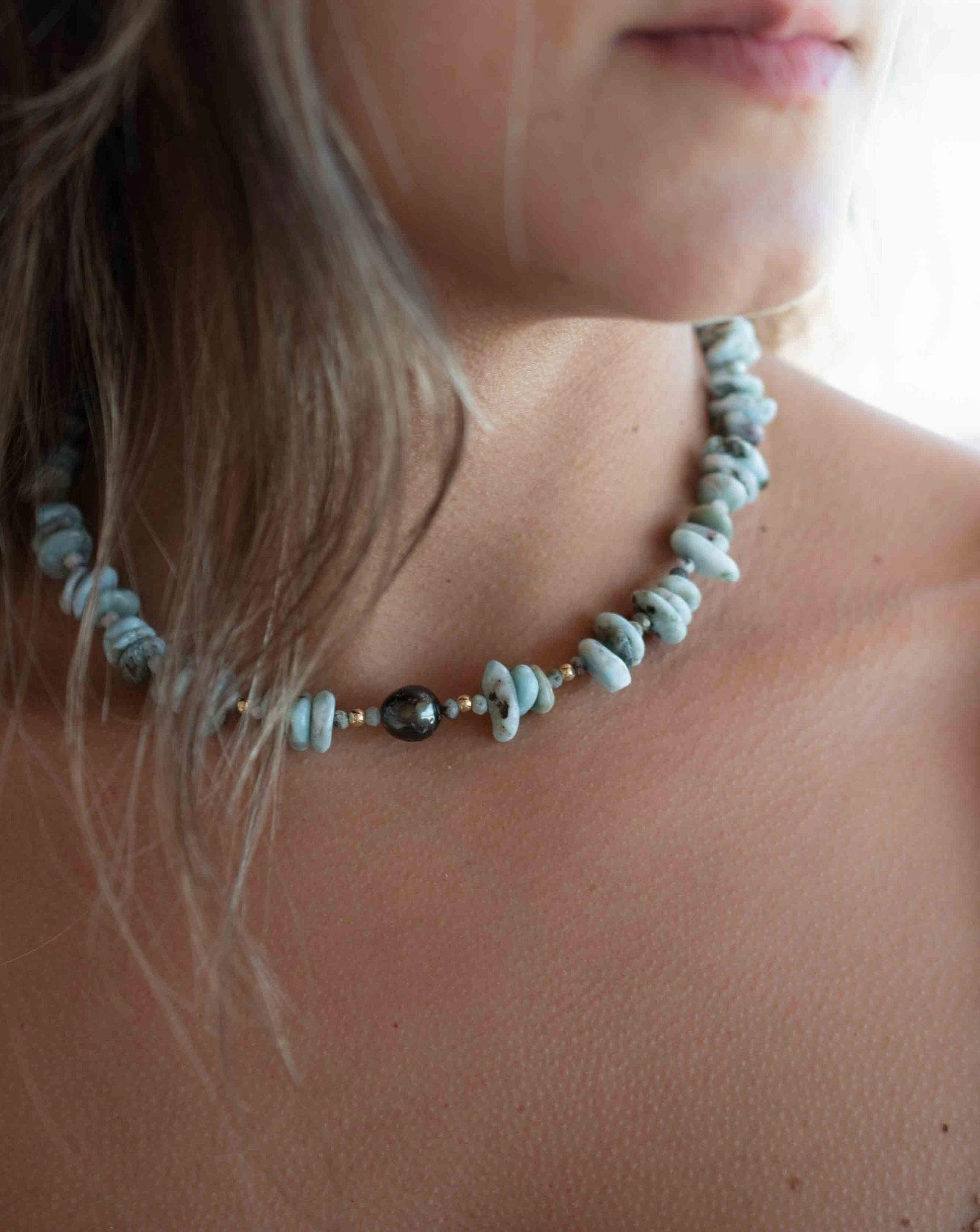 Larimar & Tahitian Pearl Choker ~ Sterling Silver 925 or Gold Filled~ Choker ~ MN065