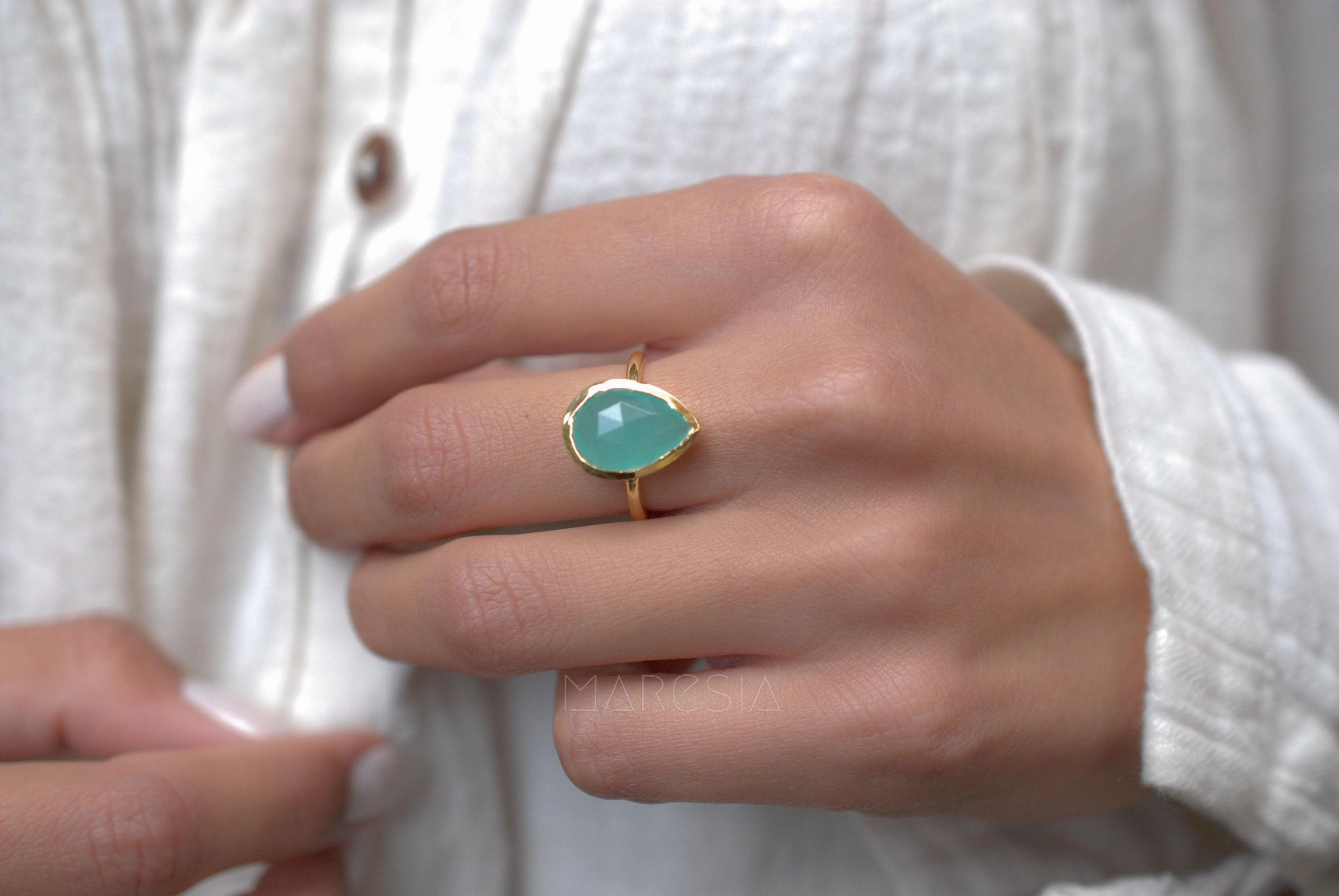 Lia Aqua Chalcedony Gold Ring ~ 18k Gold Plated ~MR028