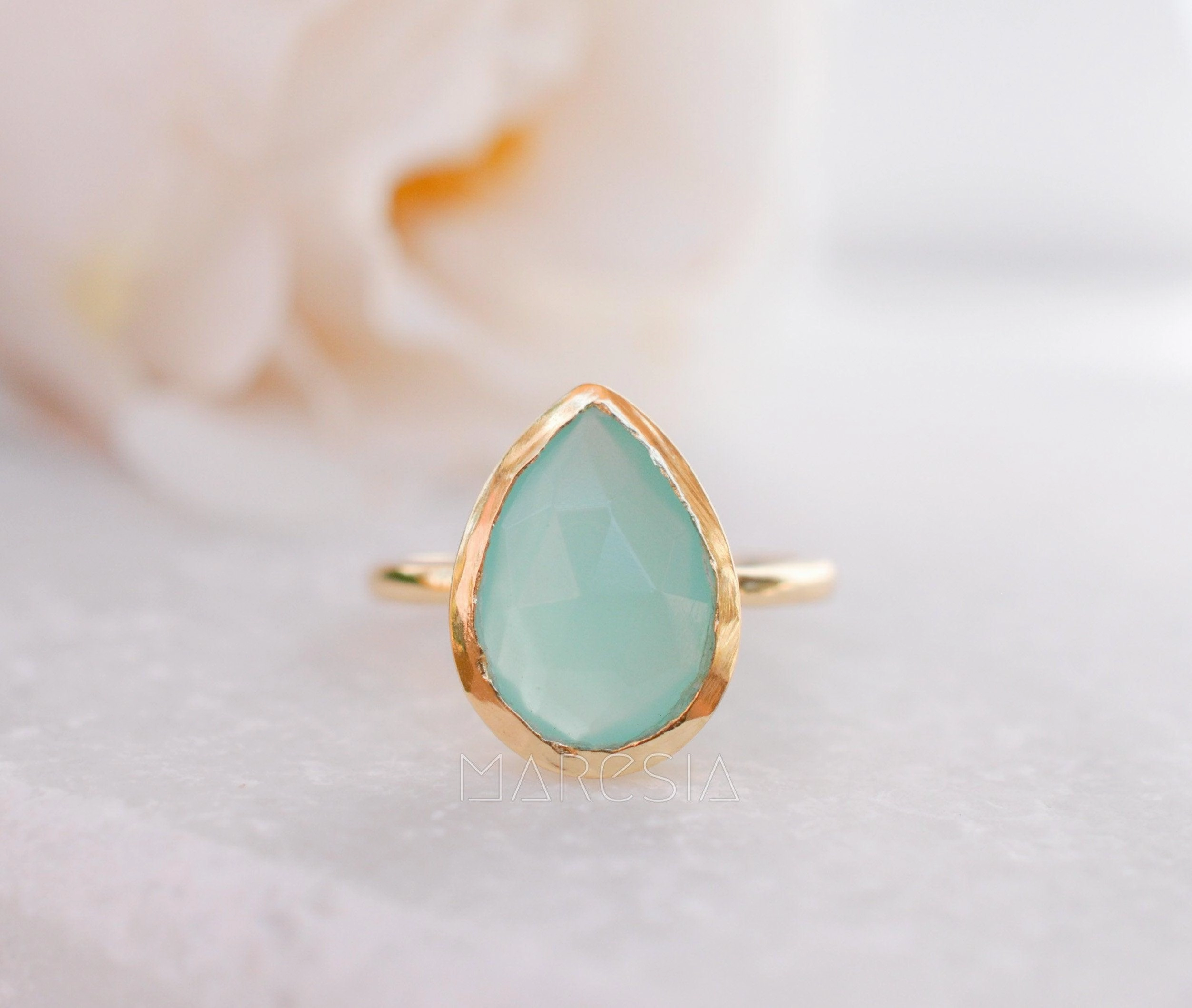 Lia Aqua Chalcedony Gold Ring ~ 18k Gold Plated ~MR028