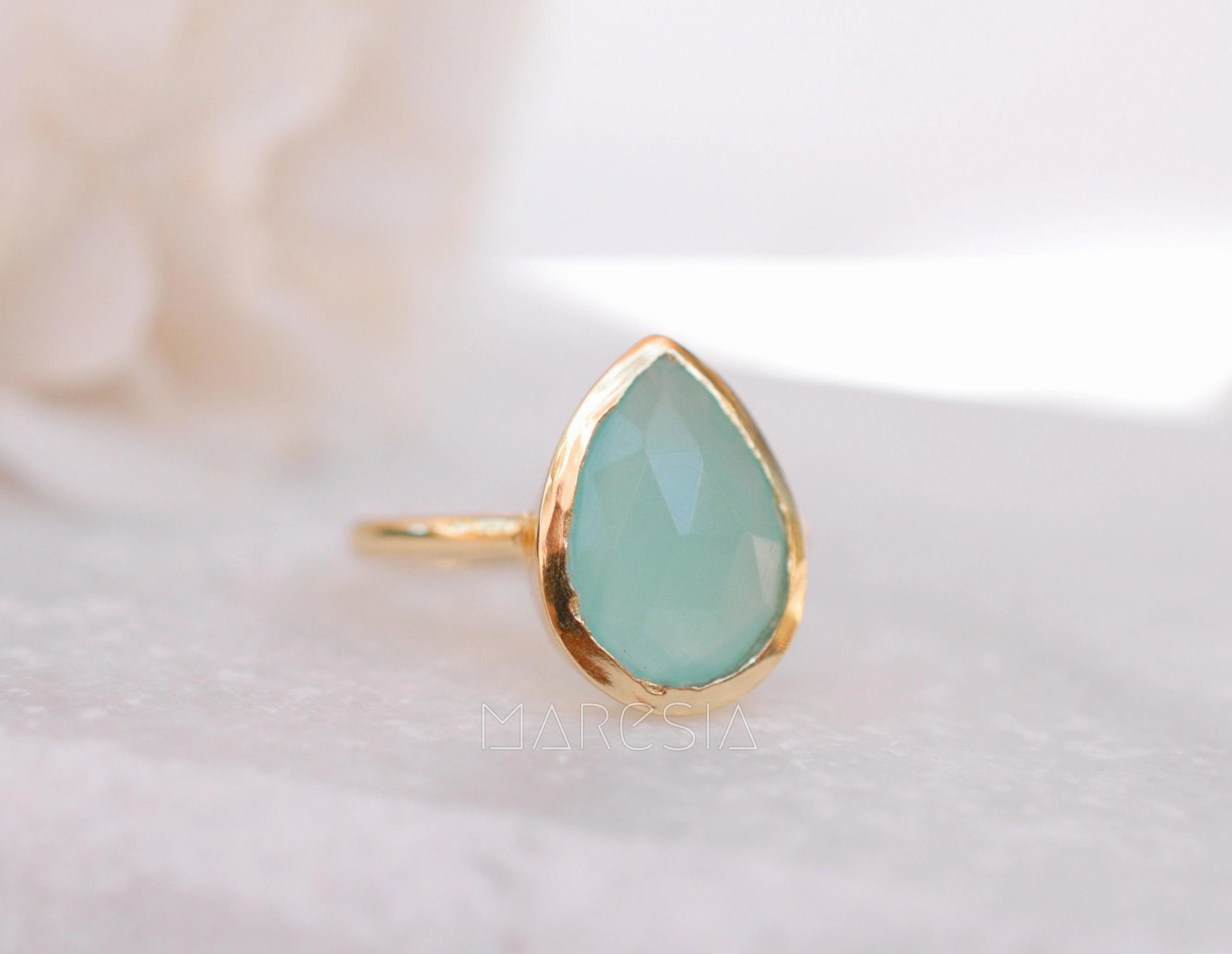 Lia Aqua Chalcedony Gold Ring ~ 18k Gold Plated ~MR028