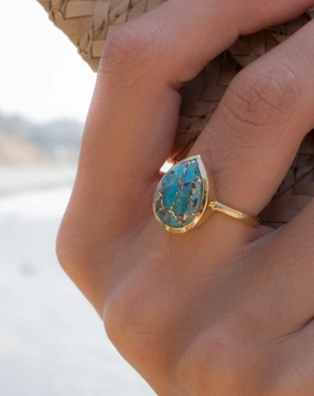 Lia Copper Turquoise Tear Drop Ring ~  18k Gold Plated ~ MR122A