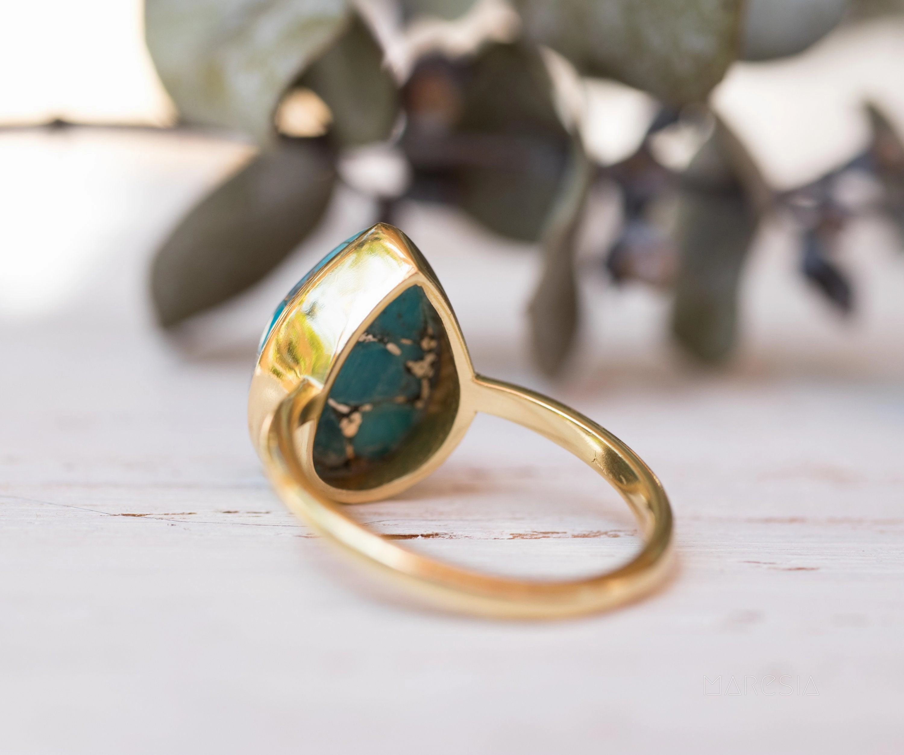Lia Copper Turquoise Tear Drop Ring ~  18k Gold Plated ~ MR122A