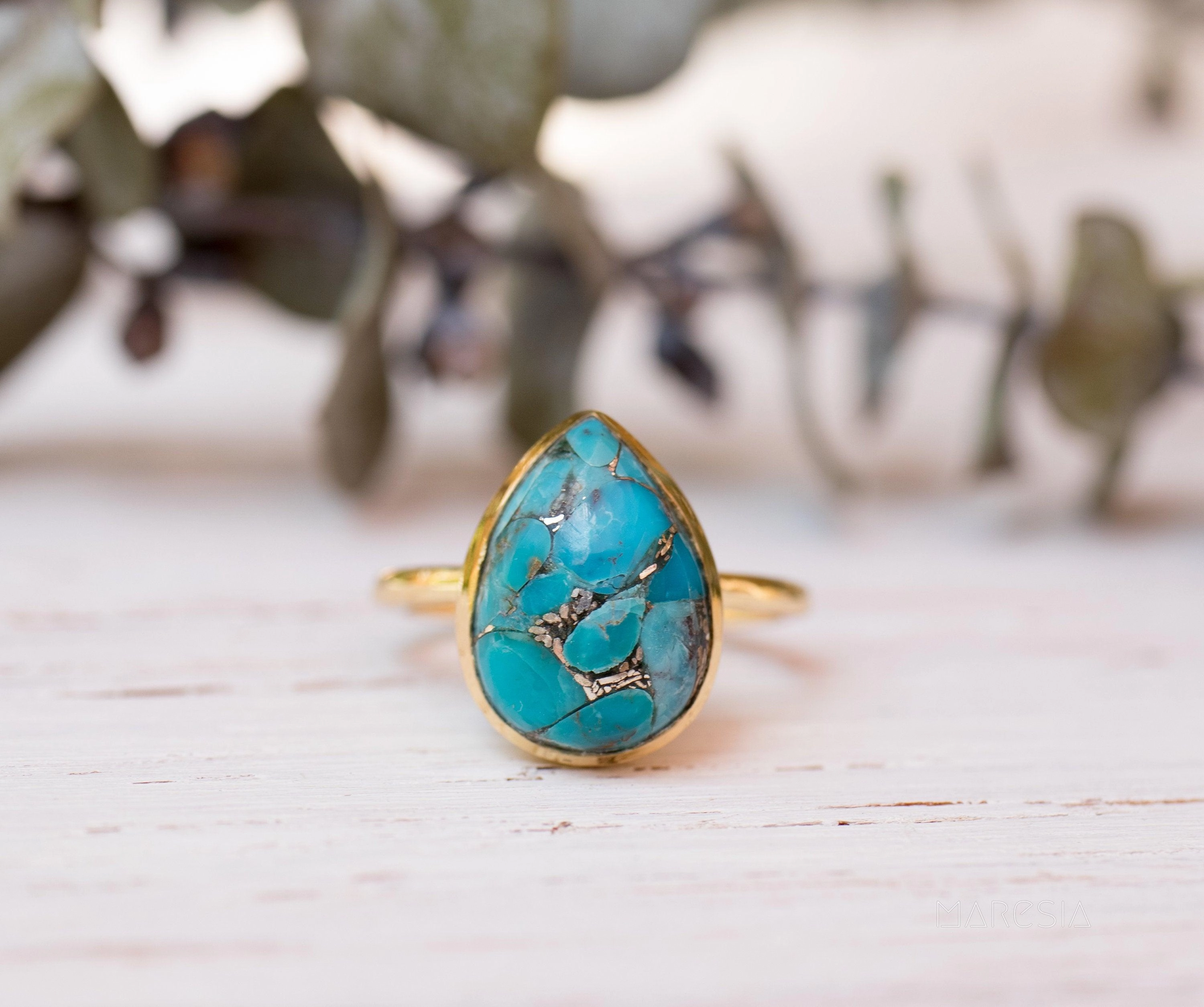 Lia Copper Turquoise Tear Drop Ring ~  18k Gold Plated ~ MR122A