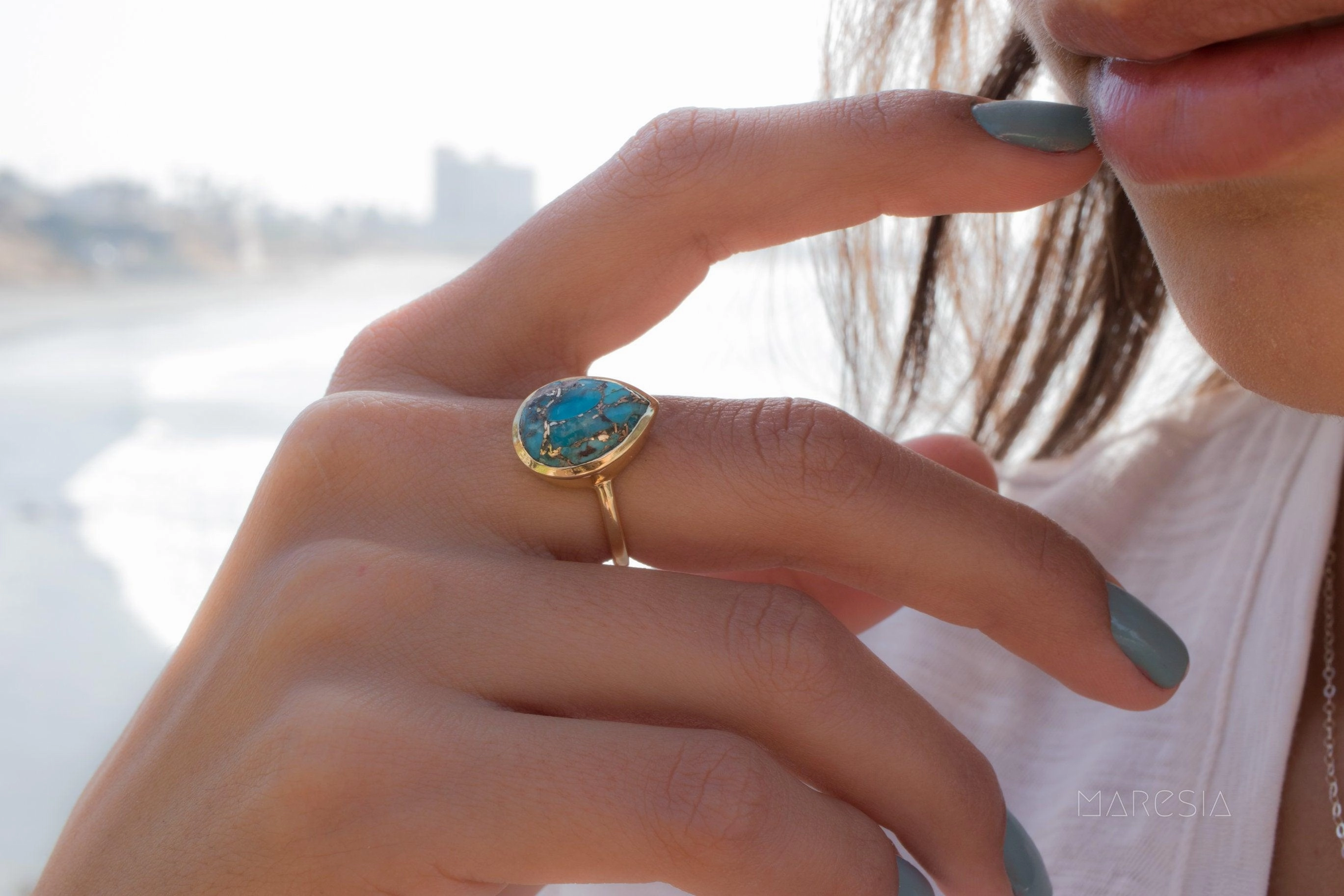 Lia Copper Turquoise Tear Drop Ring ~  18k Gold Plated ~ MR122A