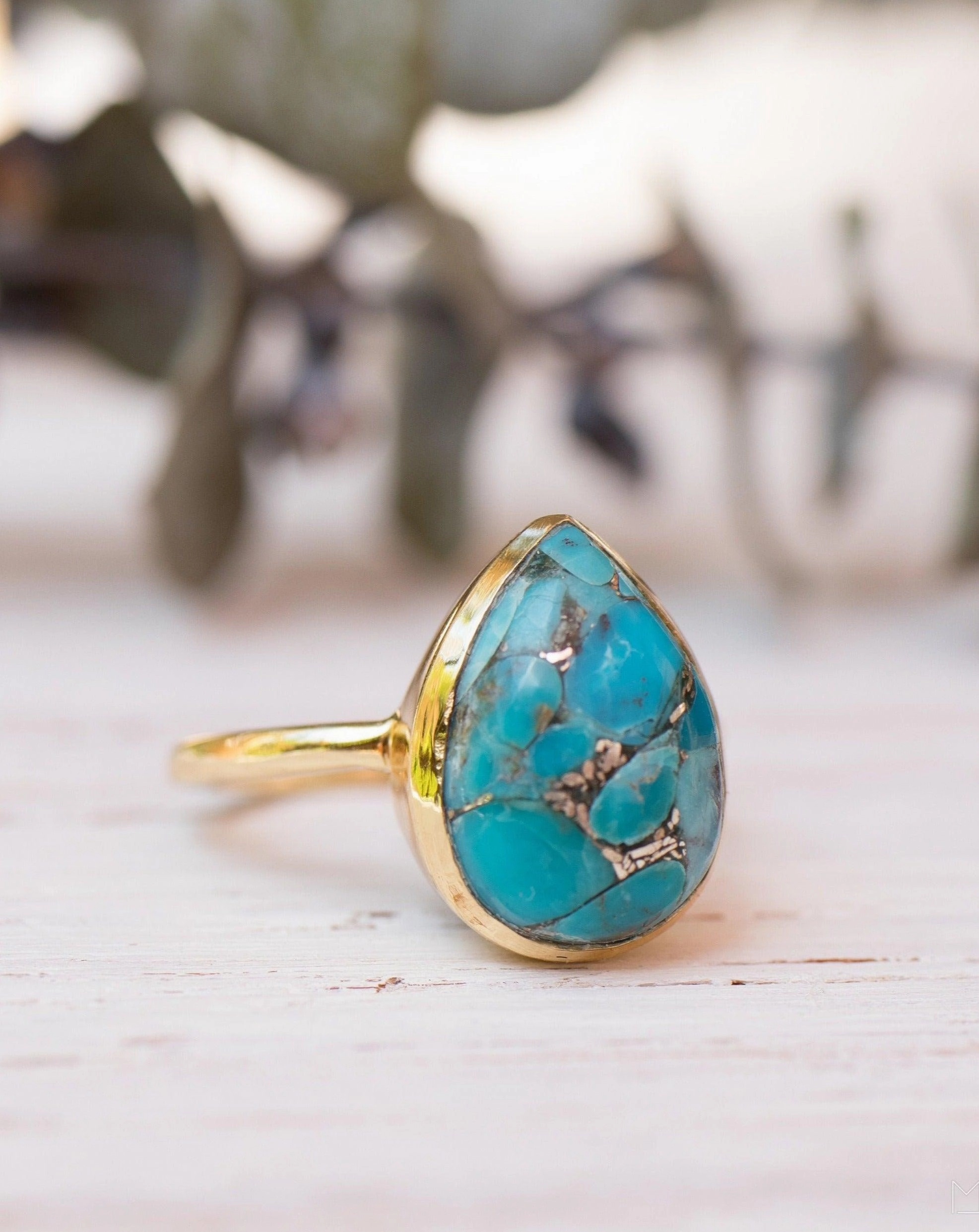 Lia Copper Turquoise Tear Drop Ring ~  18k Gold Plated ~ MR122A
