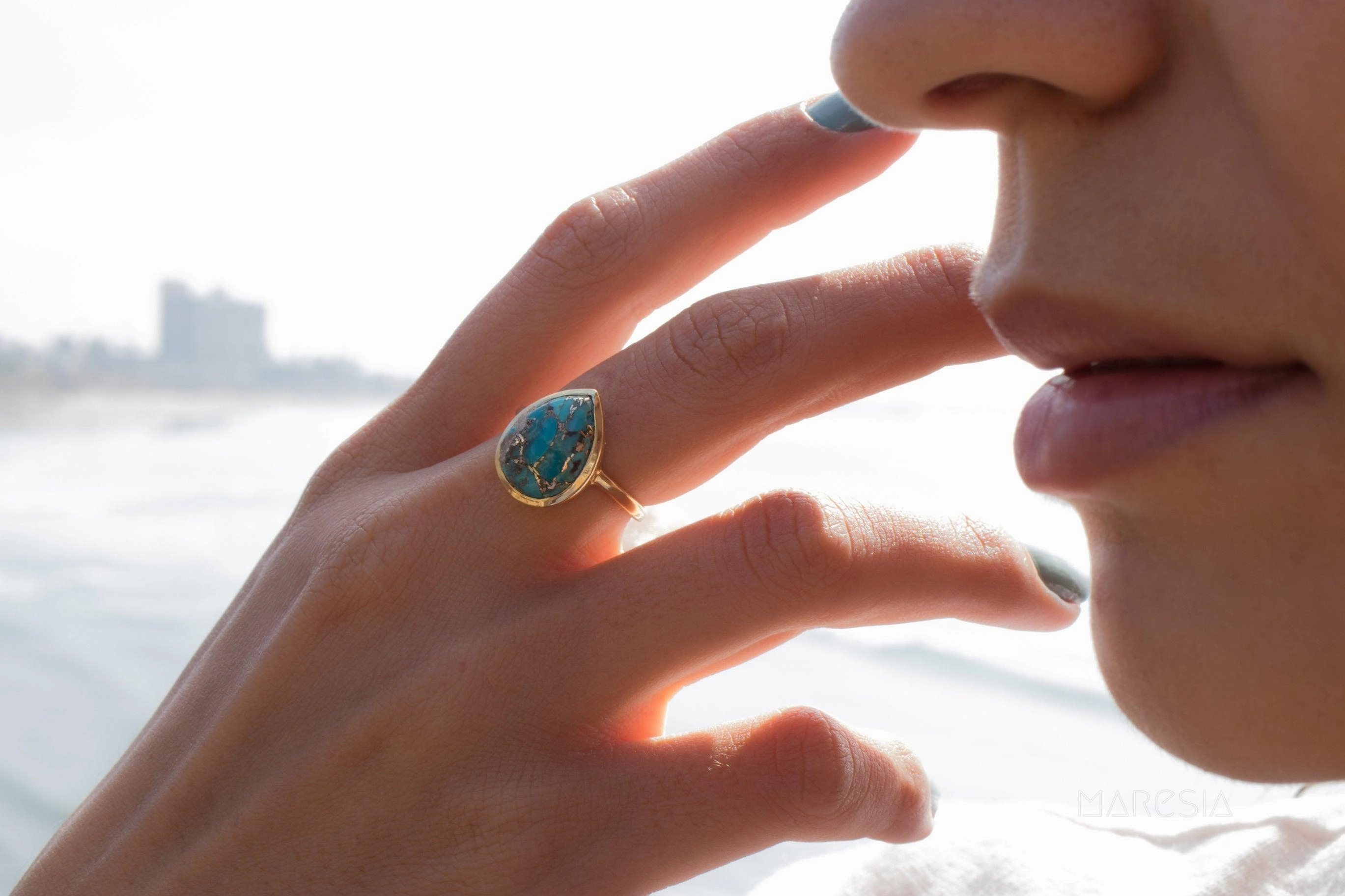 Lia Copper Turquoise Tear Drop Ring ~  18k Gold Plated ~ MR122A