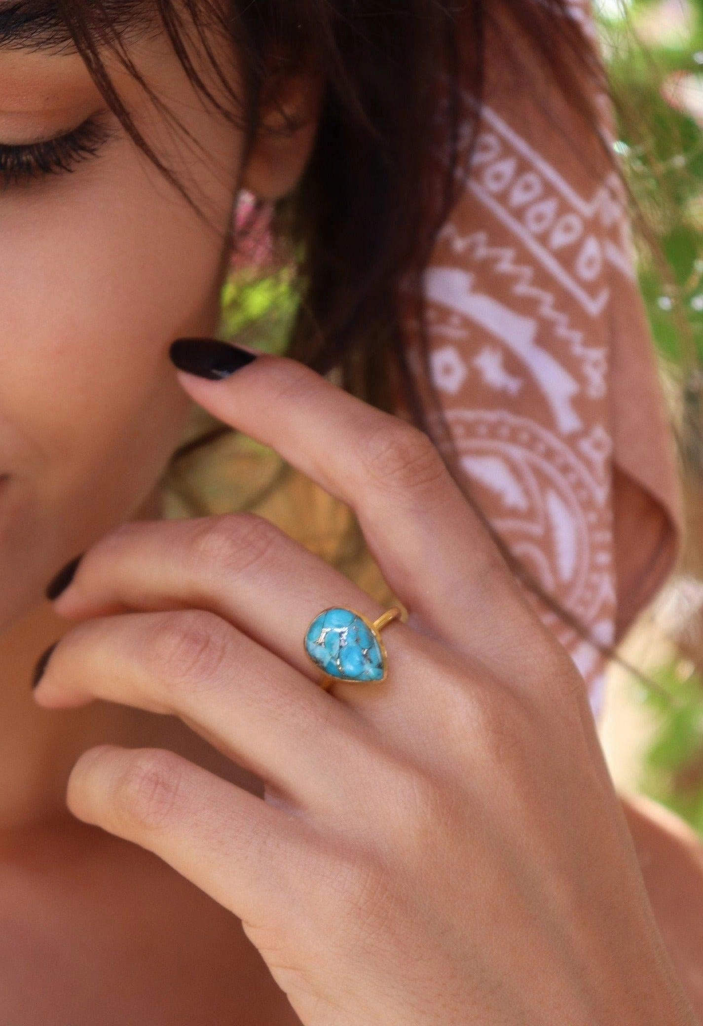 Lia Copper Turquoise Tear Drop Ring ~  18k Gold Plated ~ MR122A