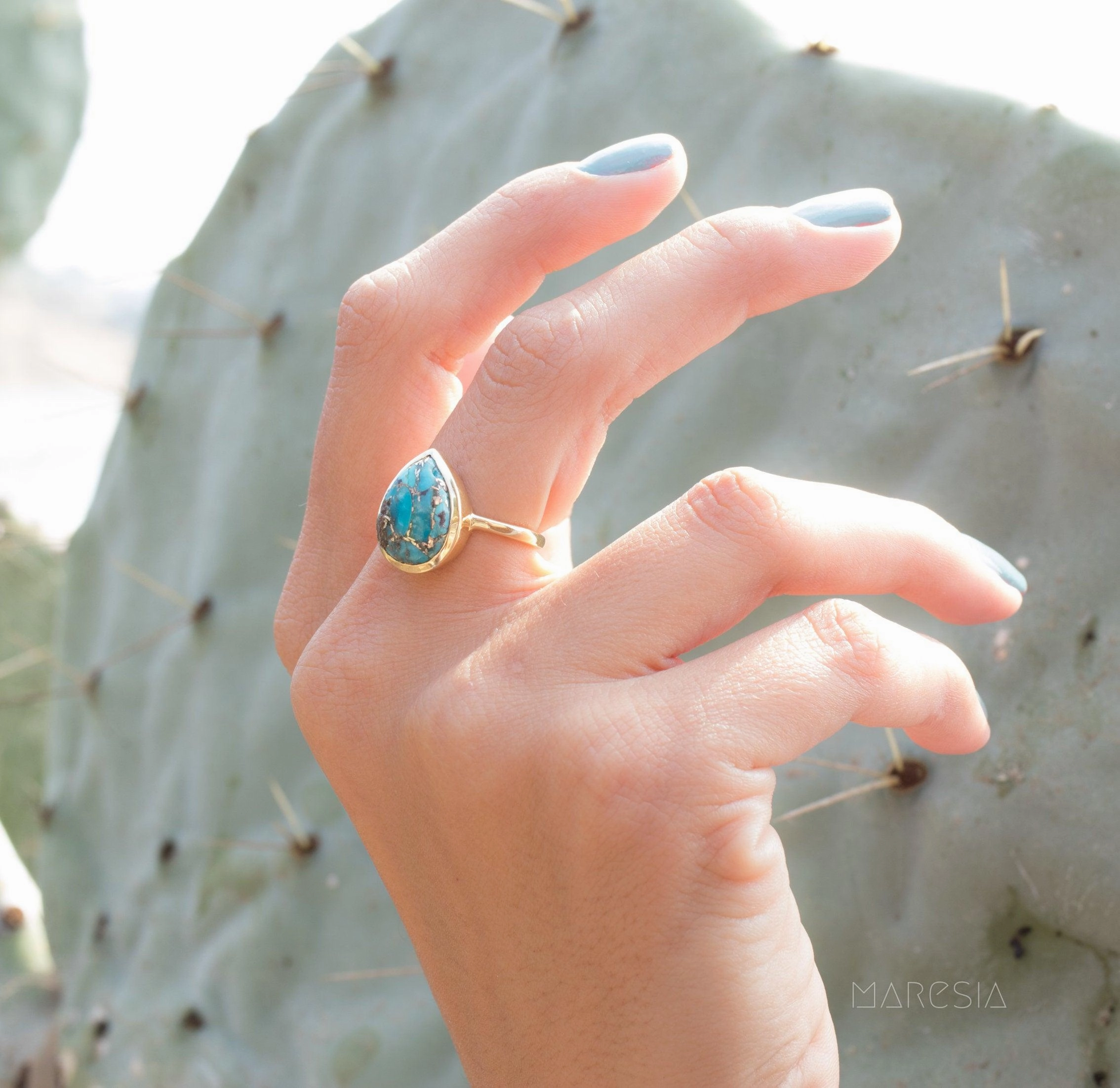 Lia Copper Turquoise Tear Drop Ring ~  18k Gold Plated ~ MR122A
