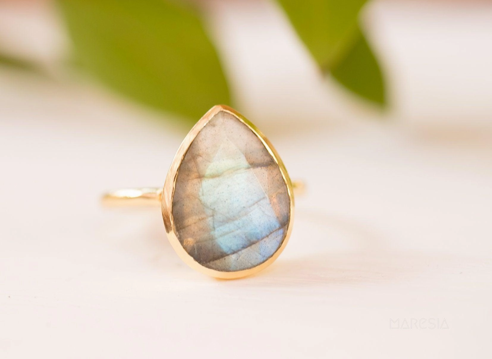 Lia Rainbow Labradorite Tear Drop Ring ~ 18k Gold Plated ~ MR009