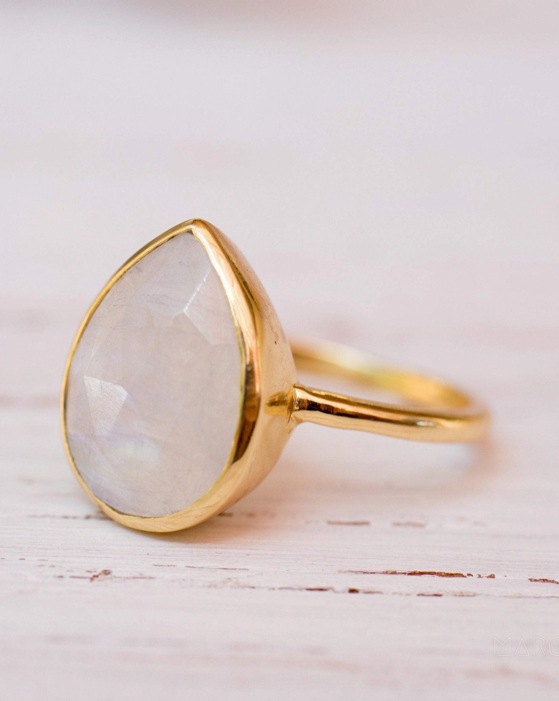 Lia Rainbow Moonstone Tear Drop Ring  ~ 18k Gold Plated ~  MR147
