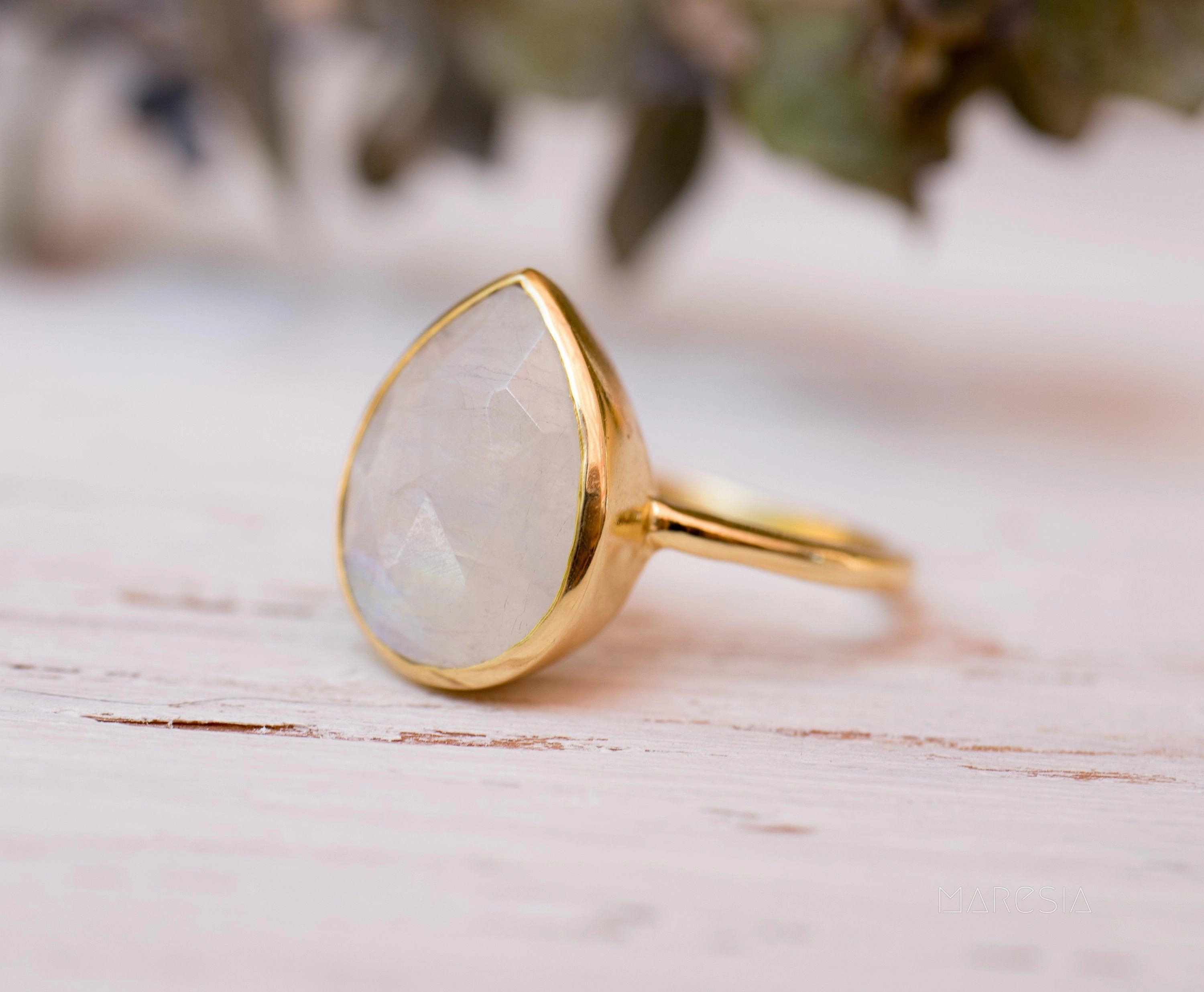 Lia Rainbow Moonstone Tear Drop Ring  ~ 18k Gold Plated ~  MR147