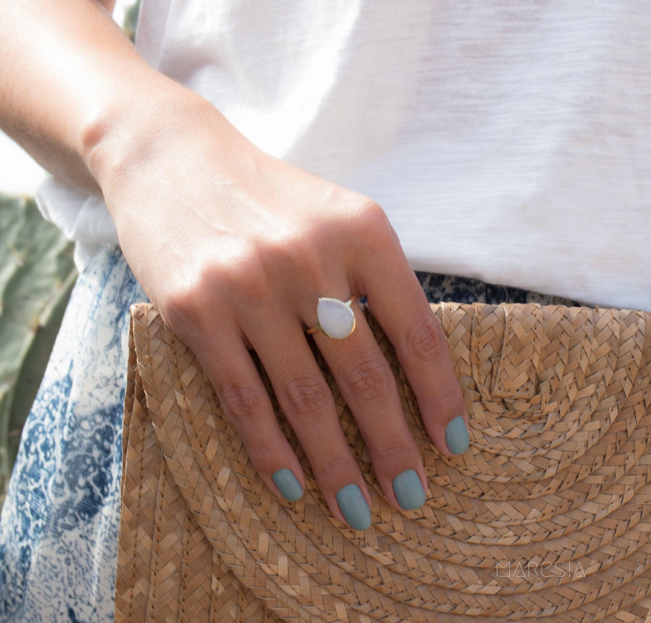 Lia Rainbow Moonstone Tear Drop Ring  ~ 18k Gold Plated ~  MR147