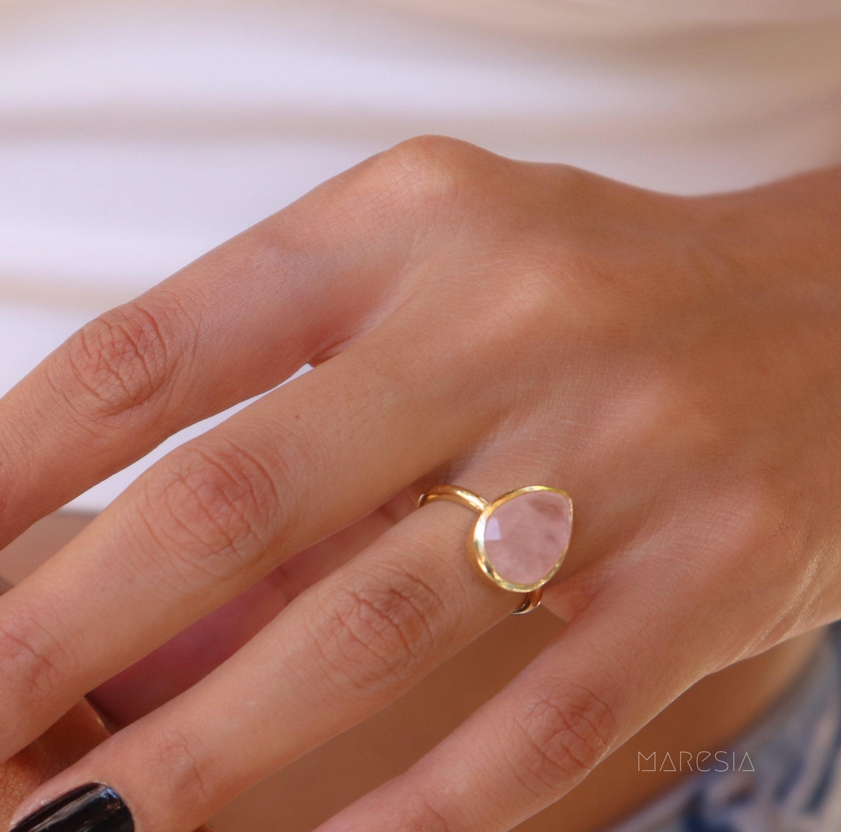 Lia Rose Quartz Tear Drop Ring ~ 18k Gold Plated ~ MR148