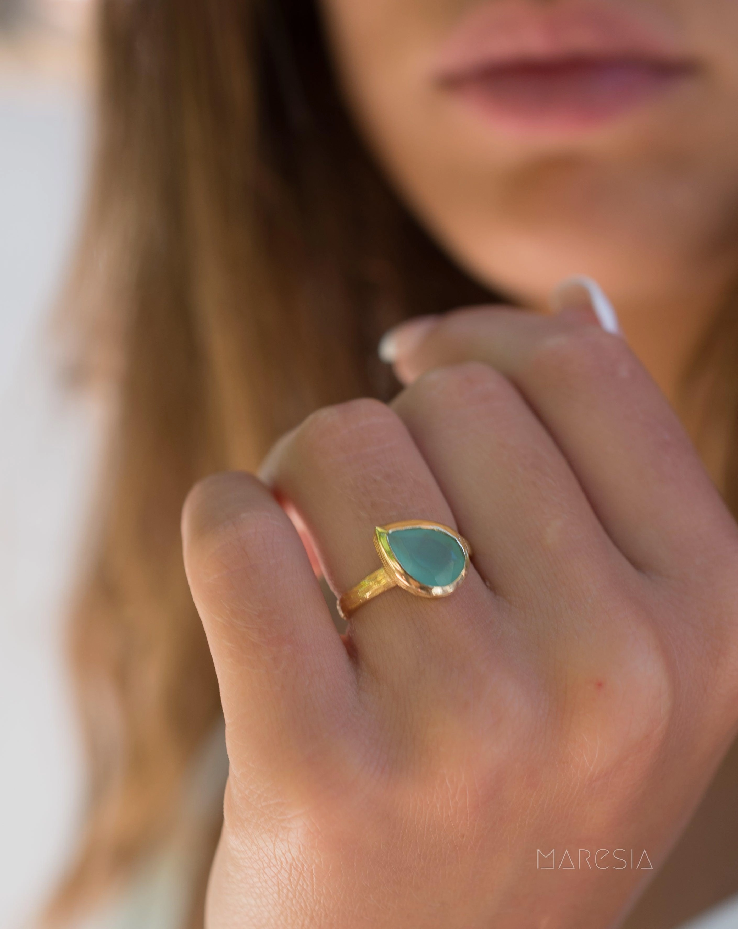 Lica Aqua Chalcedony Gold Ring ~ 18k Gold Plated ~ SMR124