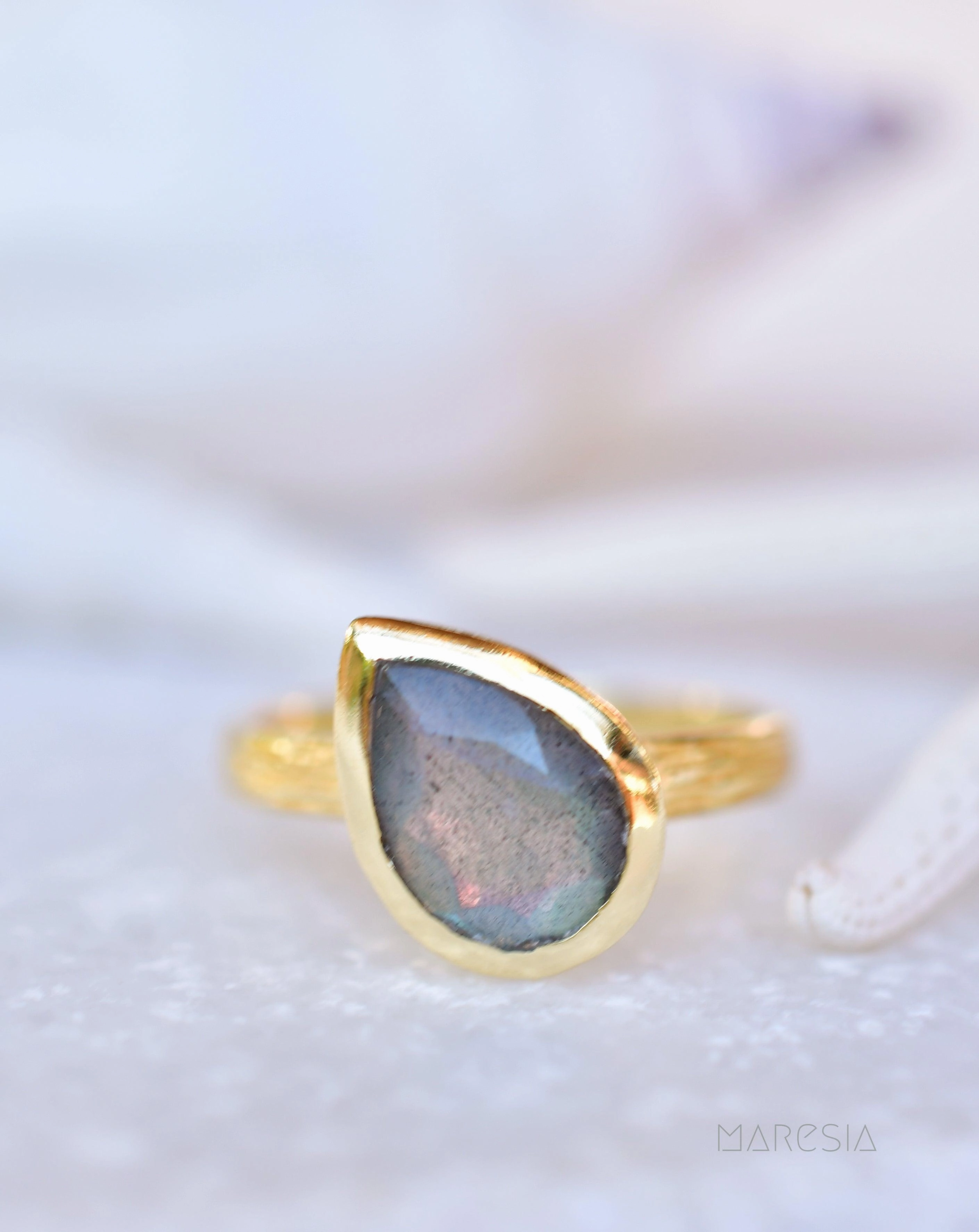 Lica Rainbow Labradorite Tear Drop Ring ~ 18k Gold Plated ~ SMR127