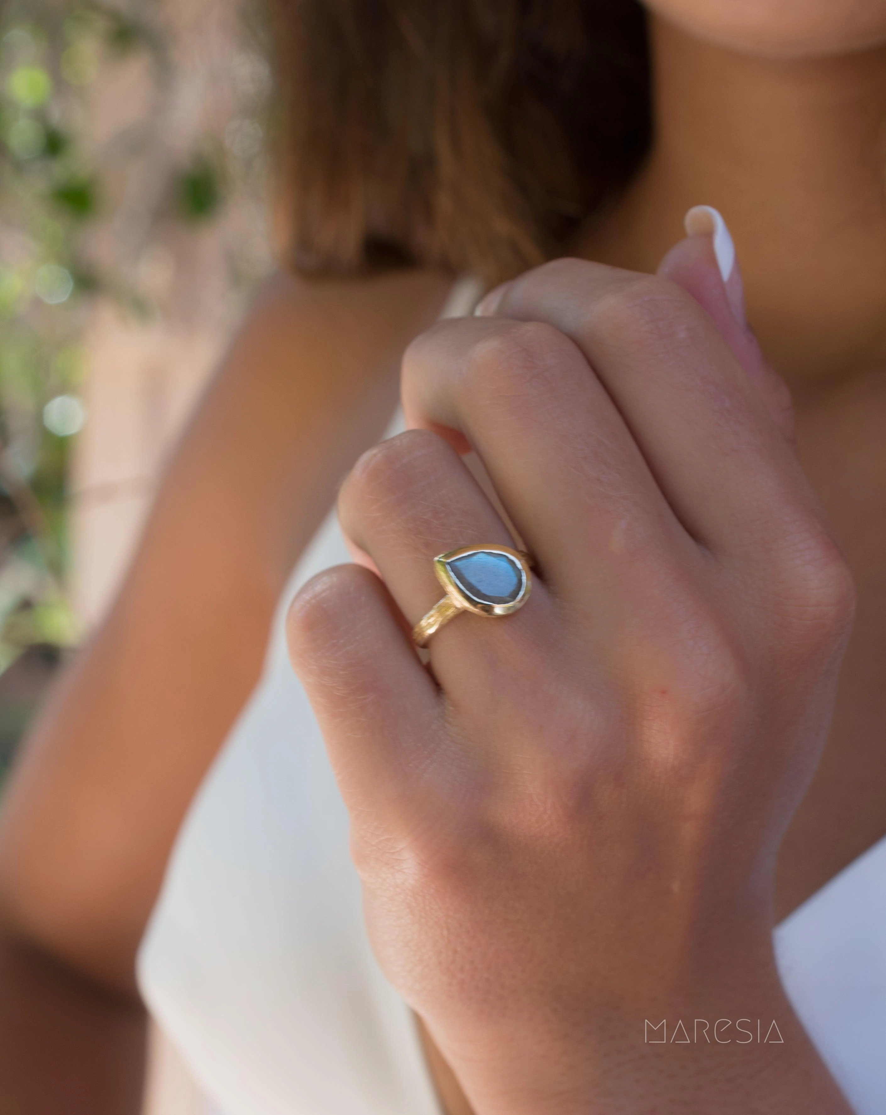 Lica Rainbow Labradorite Tear Drop Ring ~ 18k Gold Plated ~ SMR127