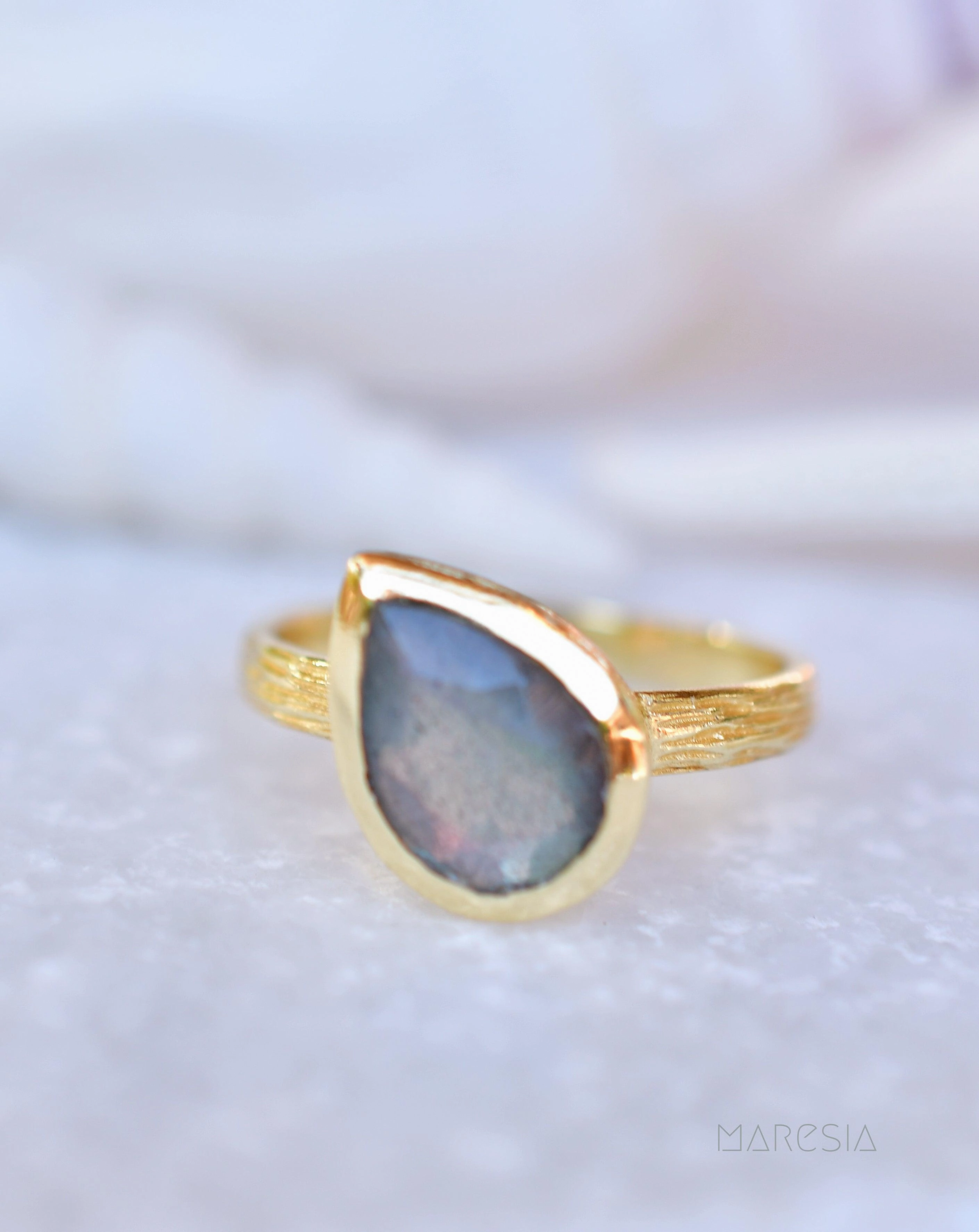 Lica Rainbow Labradorite Tear Drop Ring ~ 18k Gold Plated ~ SMR127