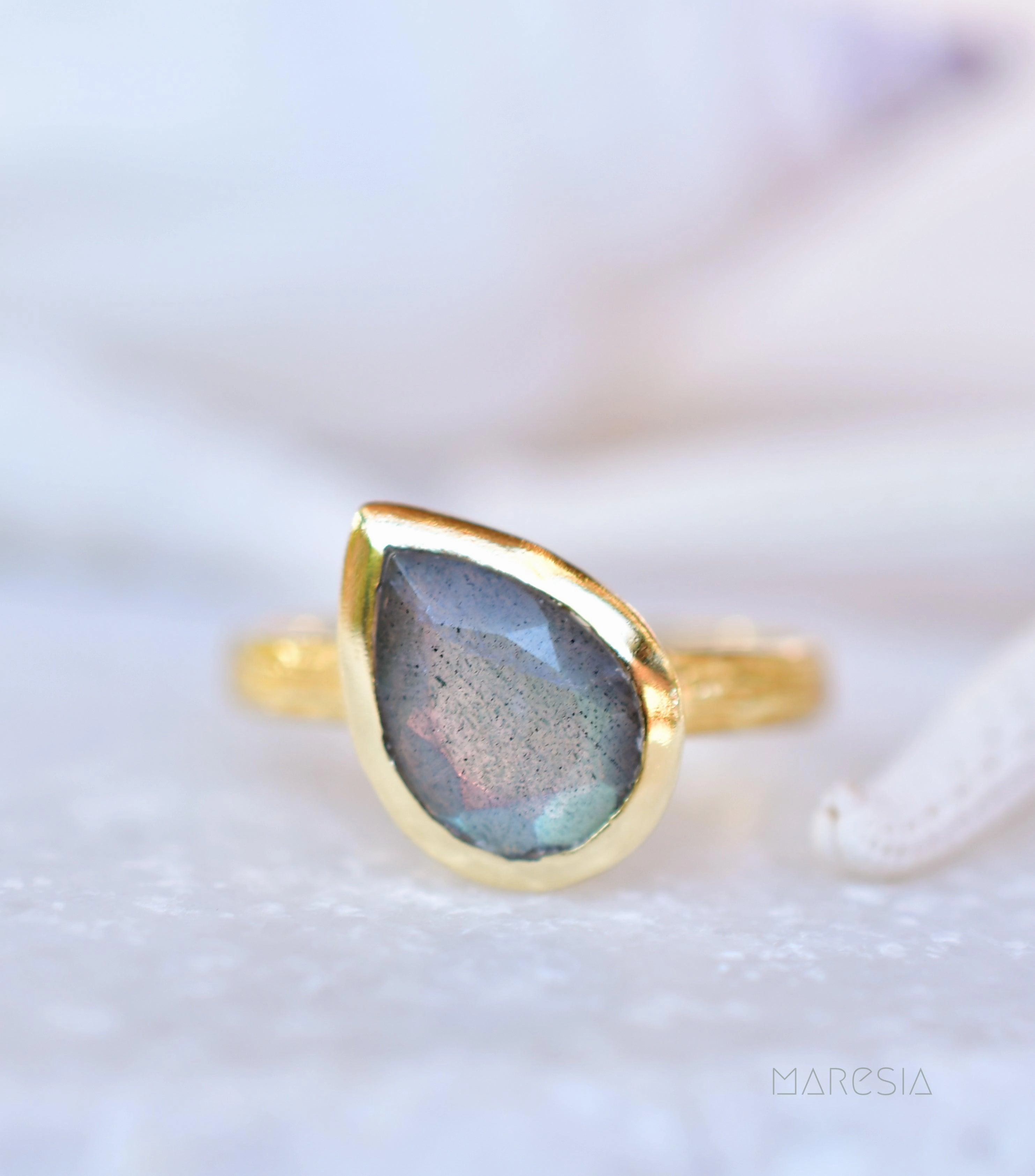 Lica Rainbow Labradorite Tear Drop Ring ~ 18k Gold Plated ~ SMR127